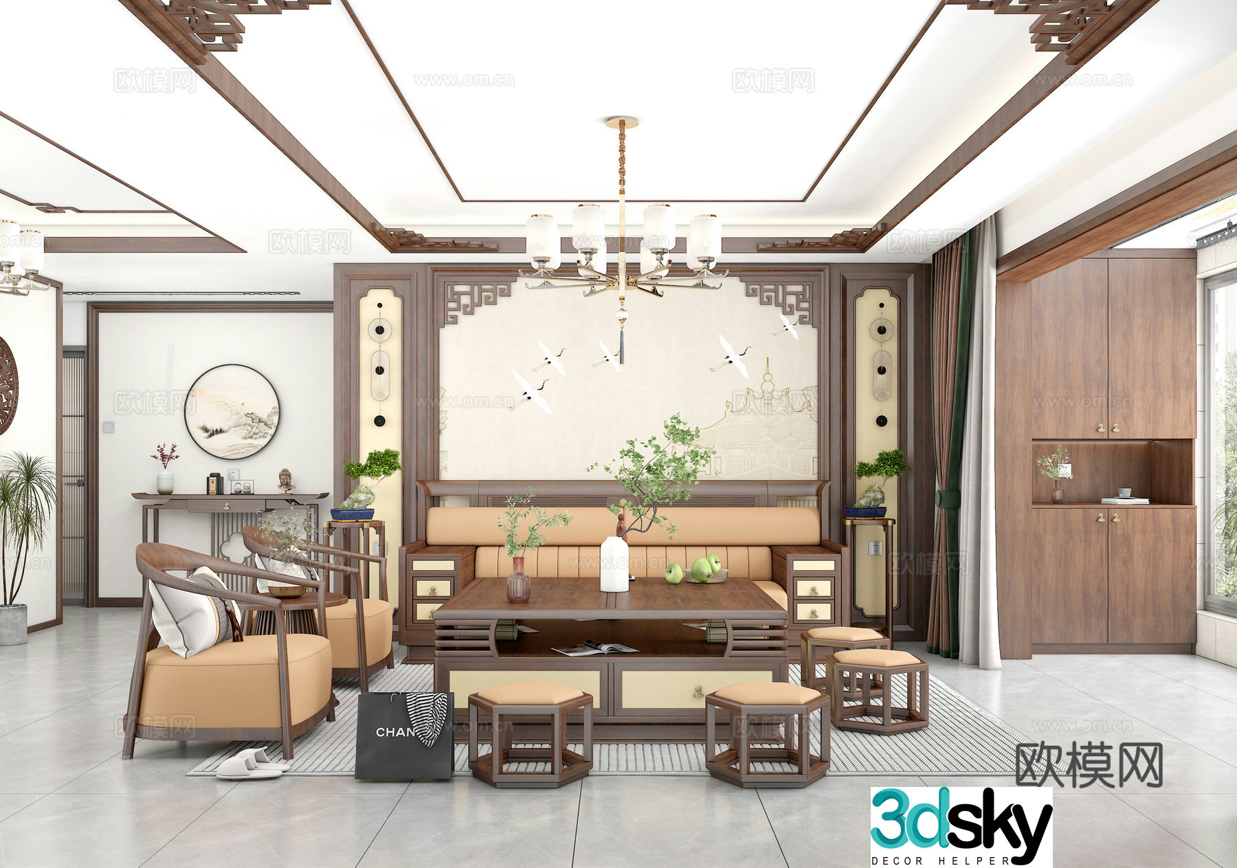New Chinese living room sofa coffee table combination three-person sofa large coffee table small stool 3D model