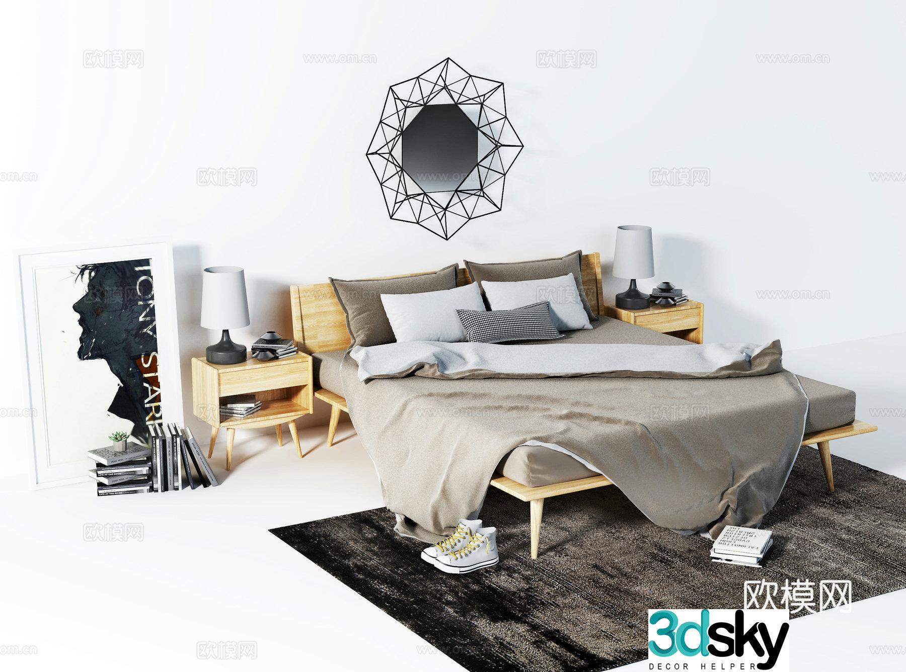 Nordic bedding combination log bed wall decoration bedside table decoration ornament 3D model