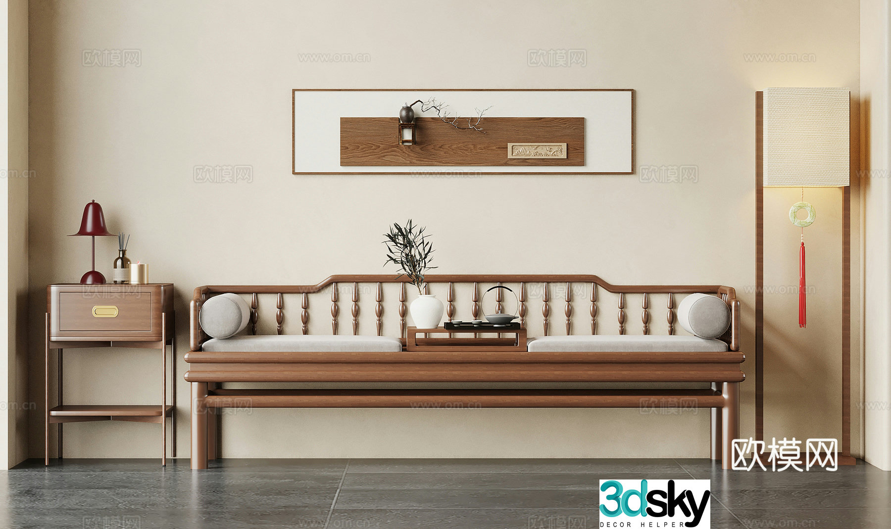 09 Arhat Bed New Chinese Arhat Bed Floor Lamp Decorative Painting 3D Model