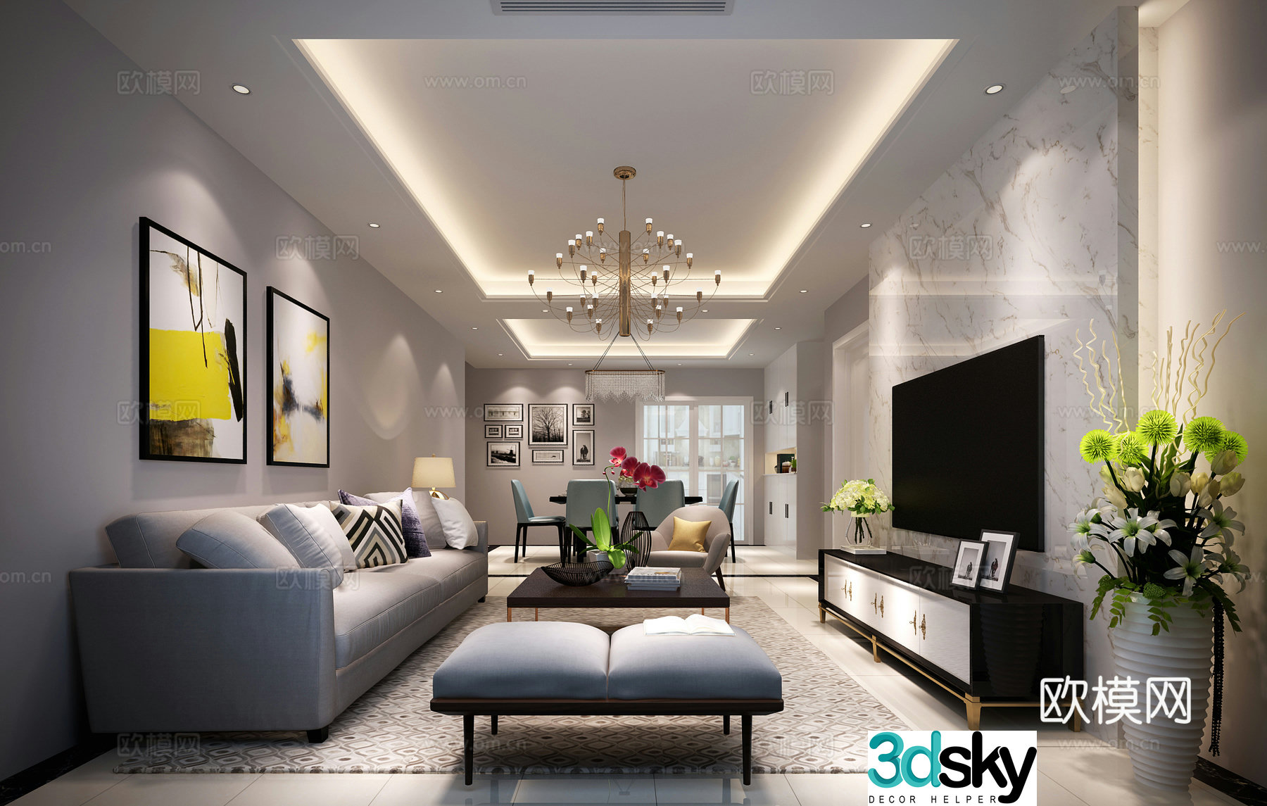 Modern living and dining room sofa coffee table chandeliers TV cabinet hanging painting dining table chair 3d model