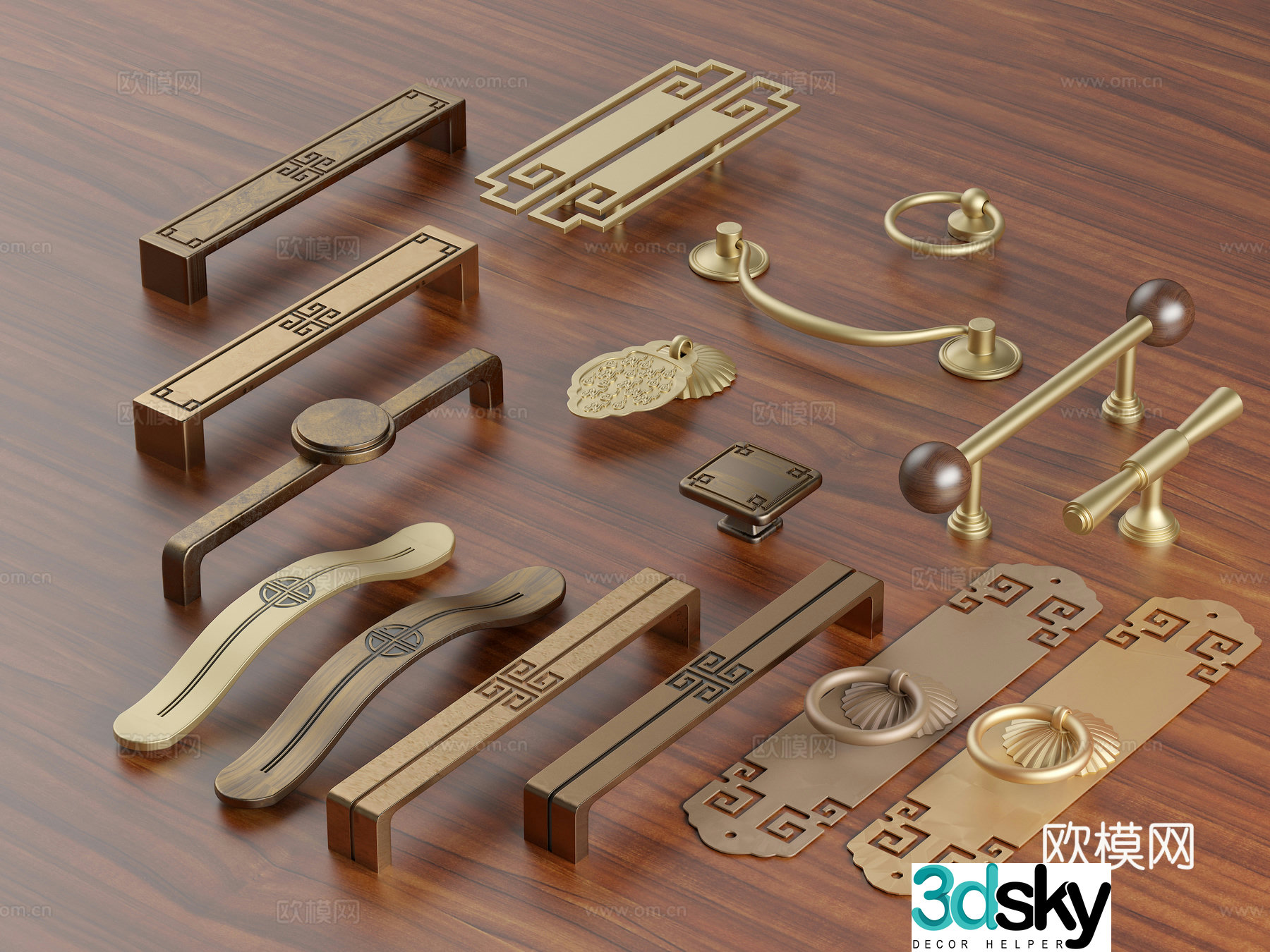 New Chinese style handle brass handle classic handle cabinet door handle wardrobe handle 3D model