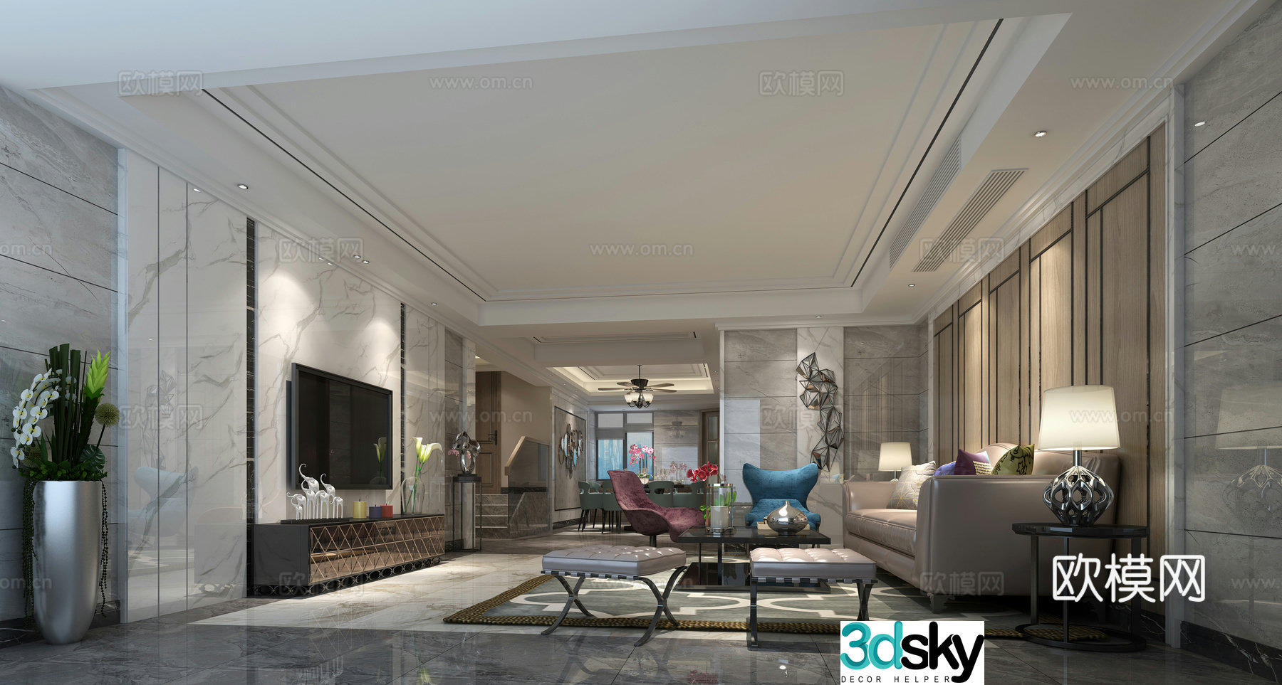 Modern postmodern light luxury dining room background sofa TV cabinet dining table chair 3d model