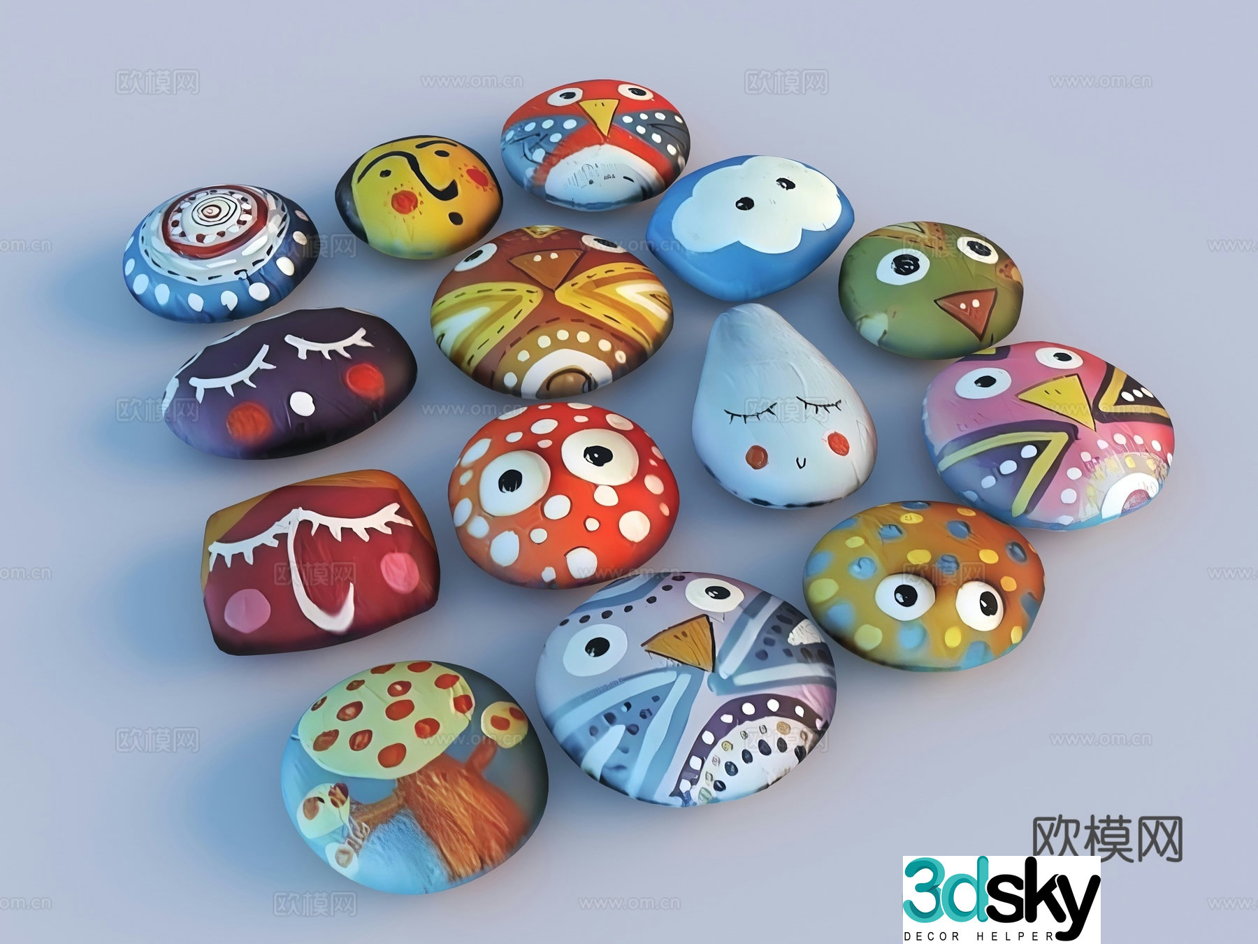 Modern painted pebbles Pebble Painted stones Stream stone painting 3d model