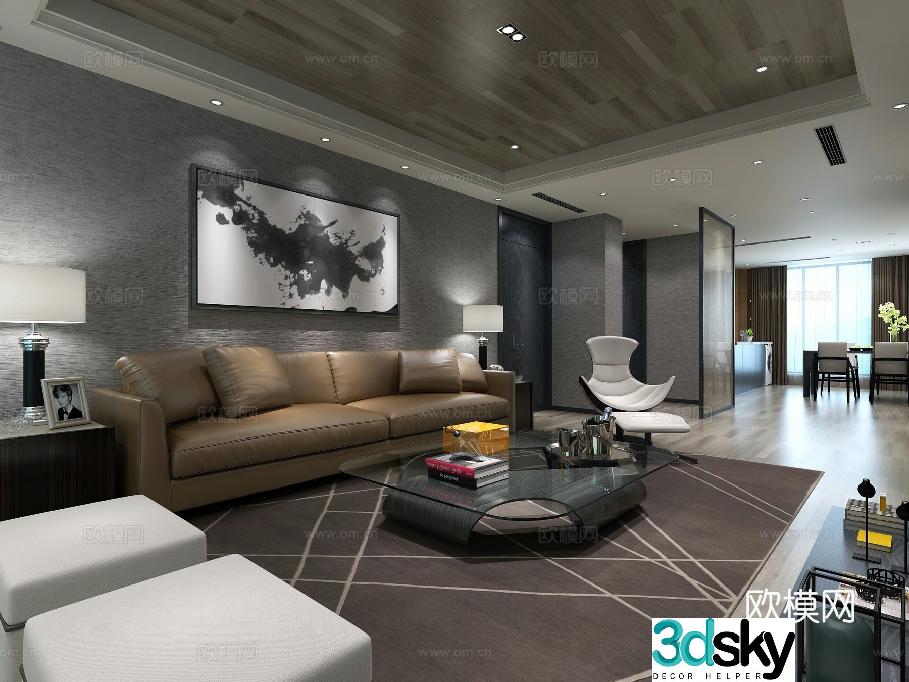 Modern living and dining room study decorative painting 3d model