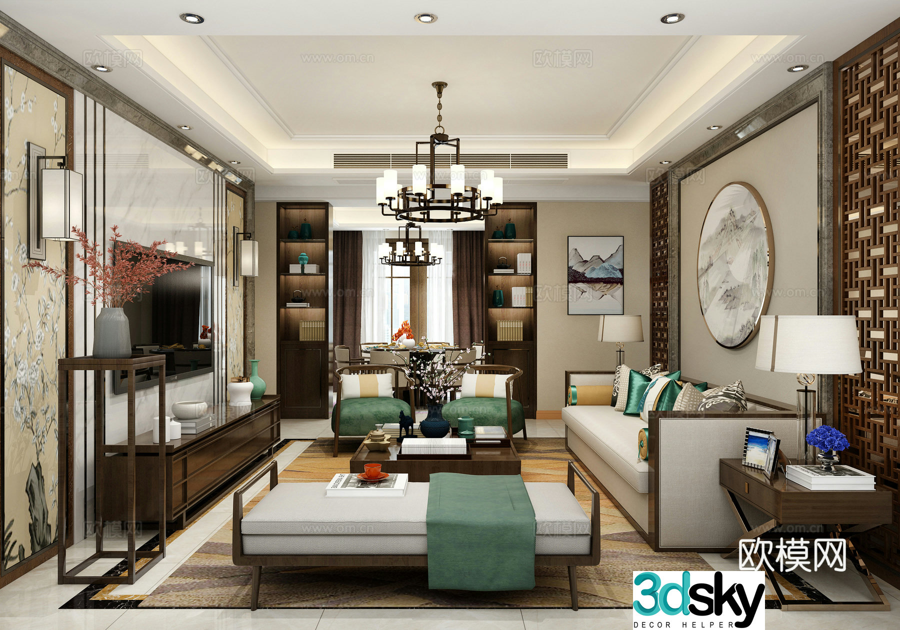 New Chinese style living and dining room sofa combination sofa coffee table chandeliers desktop ornaments 3D model of hanging paintings