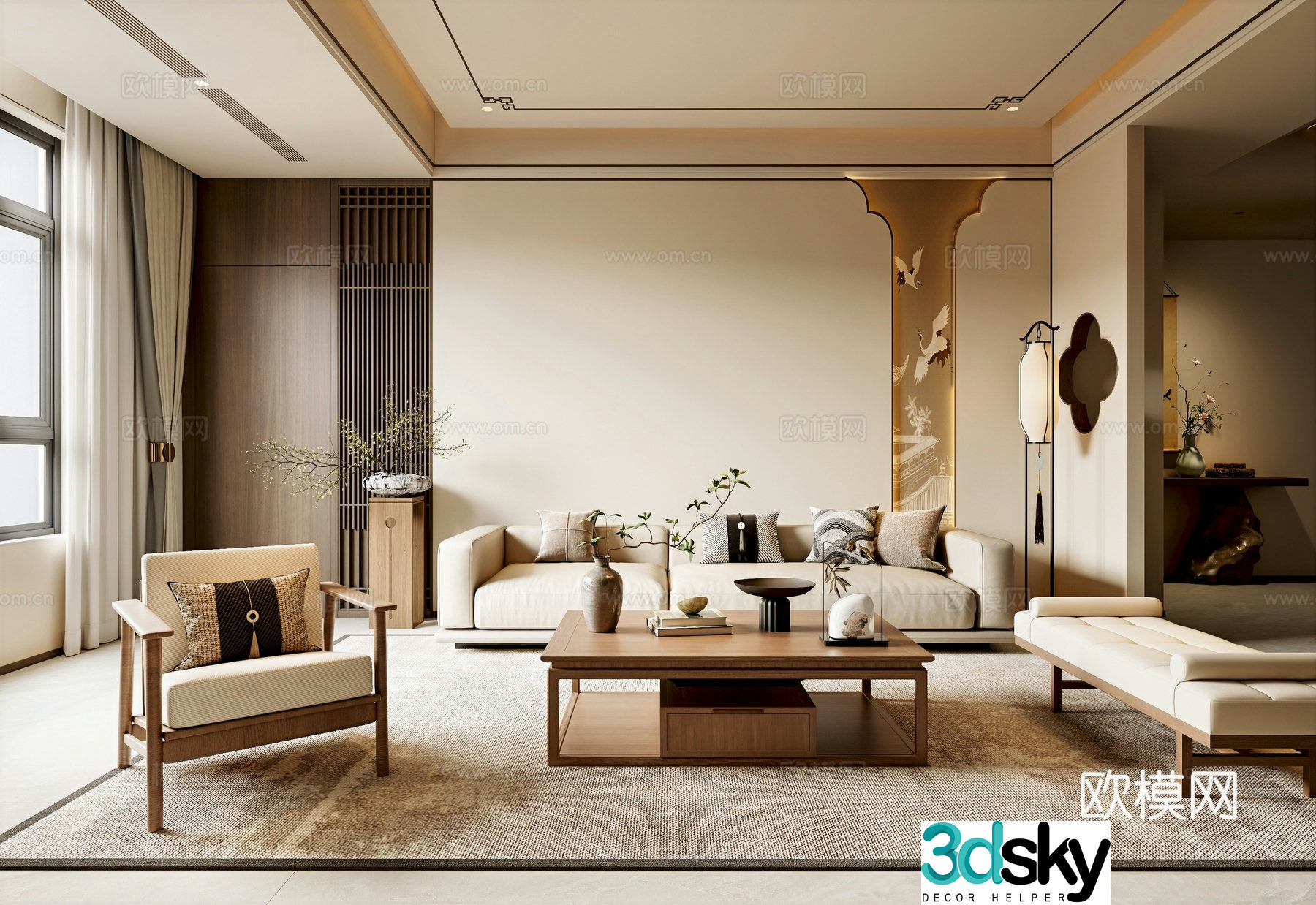 New Chinese Song style living room sofa background wall sofa coffee table combination partition 3D model