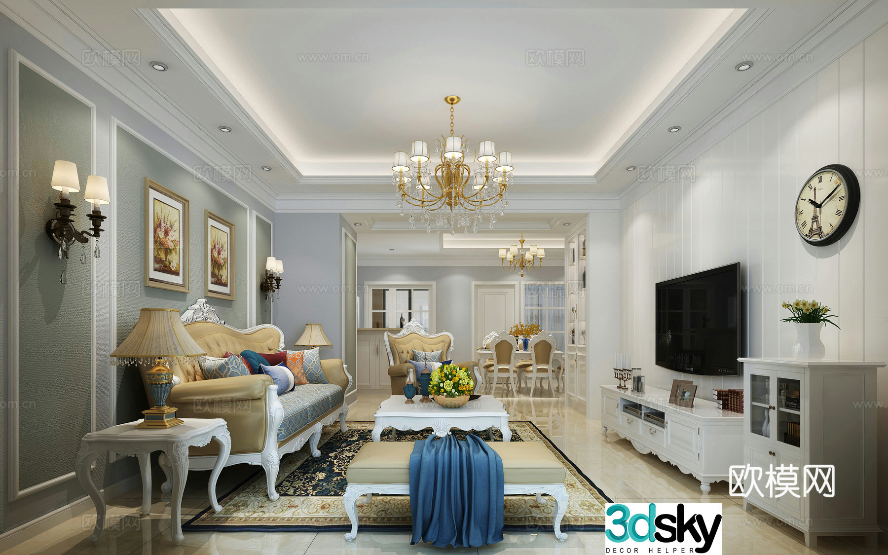Simple European living and dining room sofa coffee table chandeliers TV cabinet hanging painting side cabinet dining table chair 3D model
