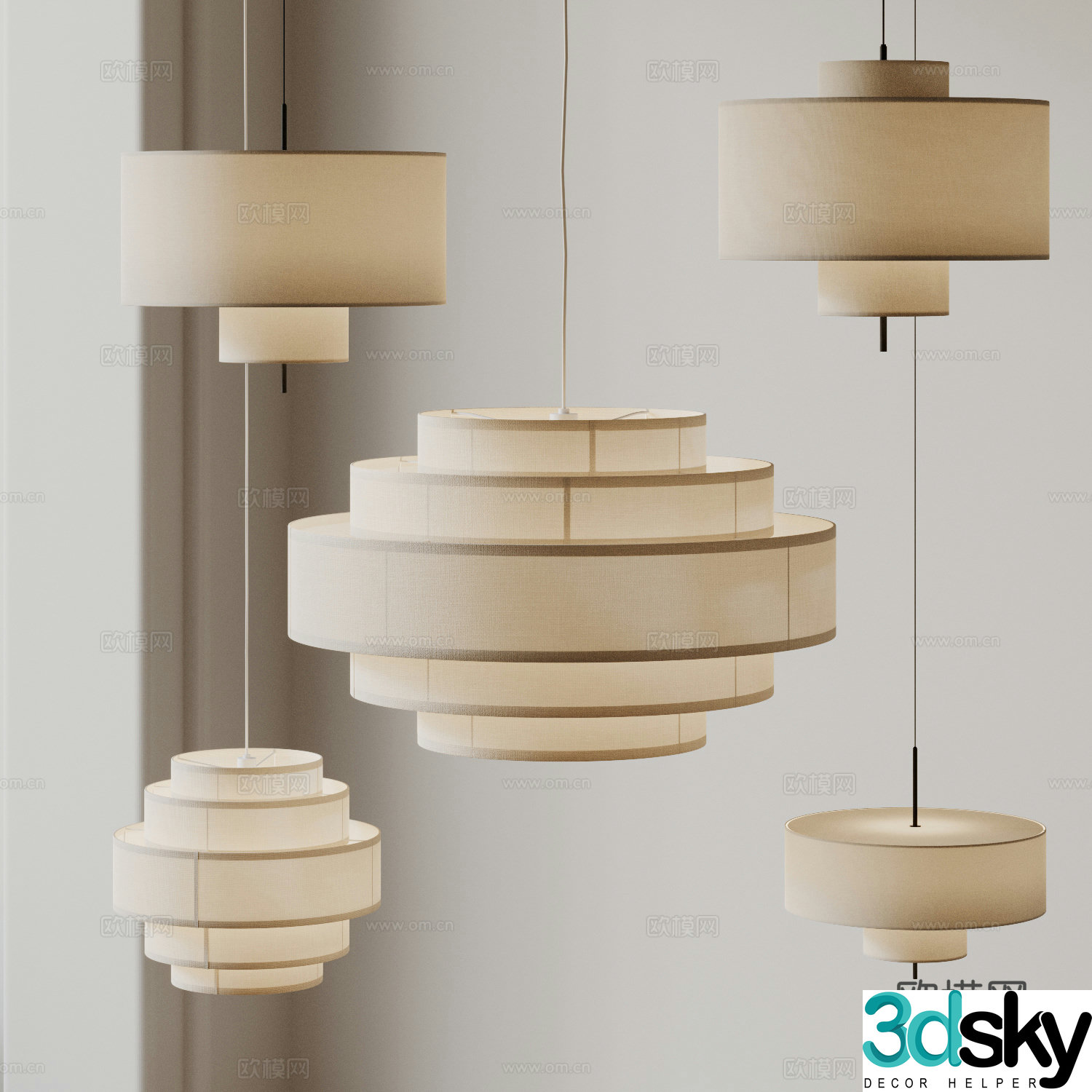 New Chinese style Wasabi Chandelier combination Lantern Paper lamp Linen chandelier 3D model