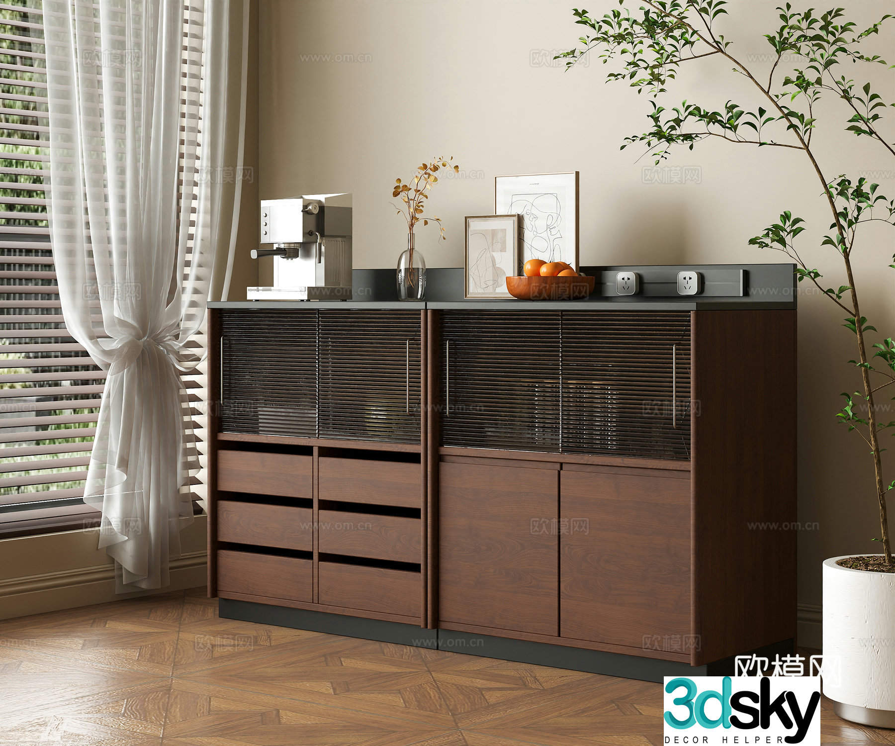 Middle-aged sideboard sideboard ornaments dining cabinet sideboard 3D model