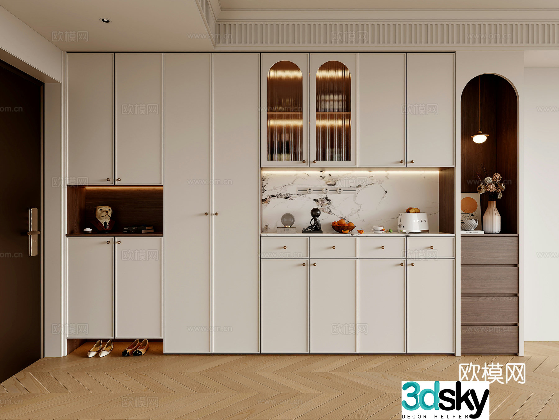 French cream style shoe cabinet dining sideboard shoe cabinet integrated wine cabinet entrance door entrance shoe cabinet 3D model