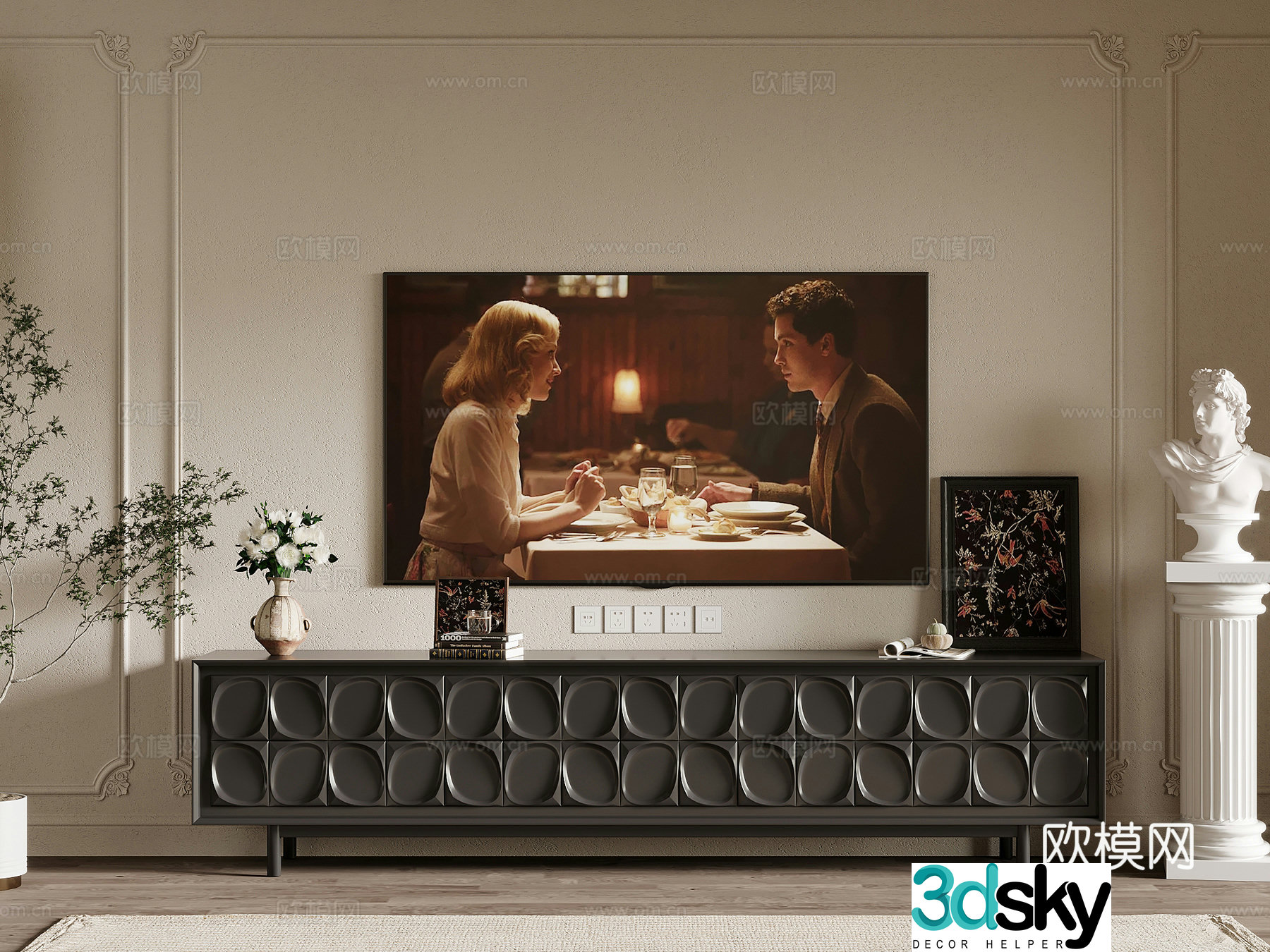 15 TV cabinet French retro style TV cabinet Sculpture ornaments Potted green plants 3D model