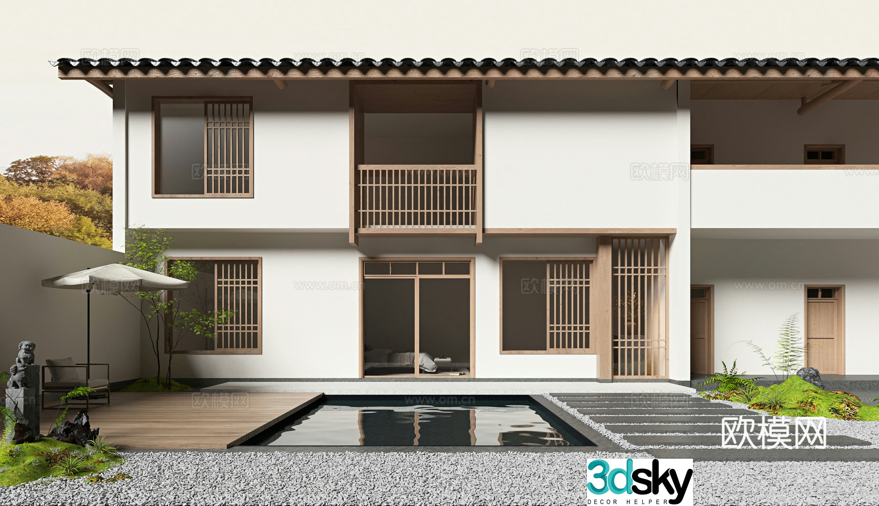 New Chinese style B&B Building B&B Courtyard Garden Landscape 3D Model