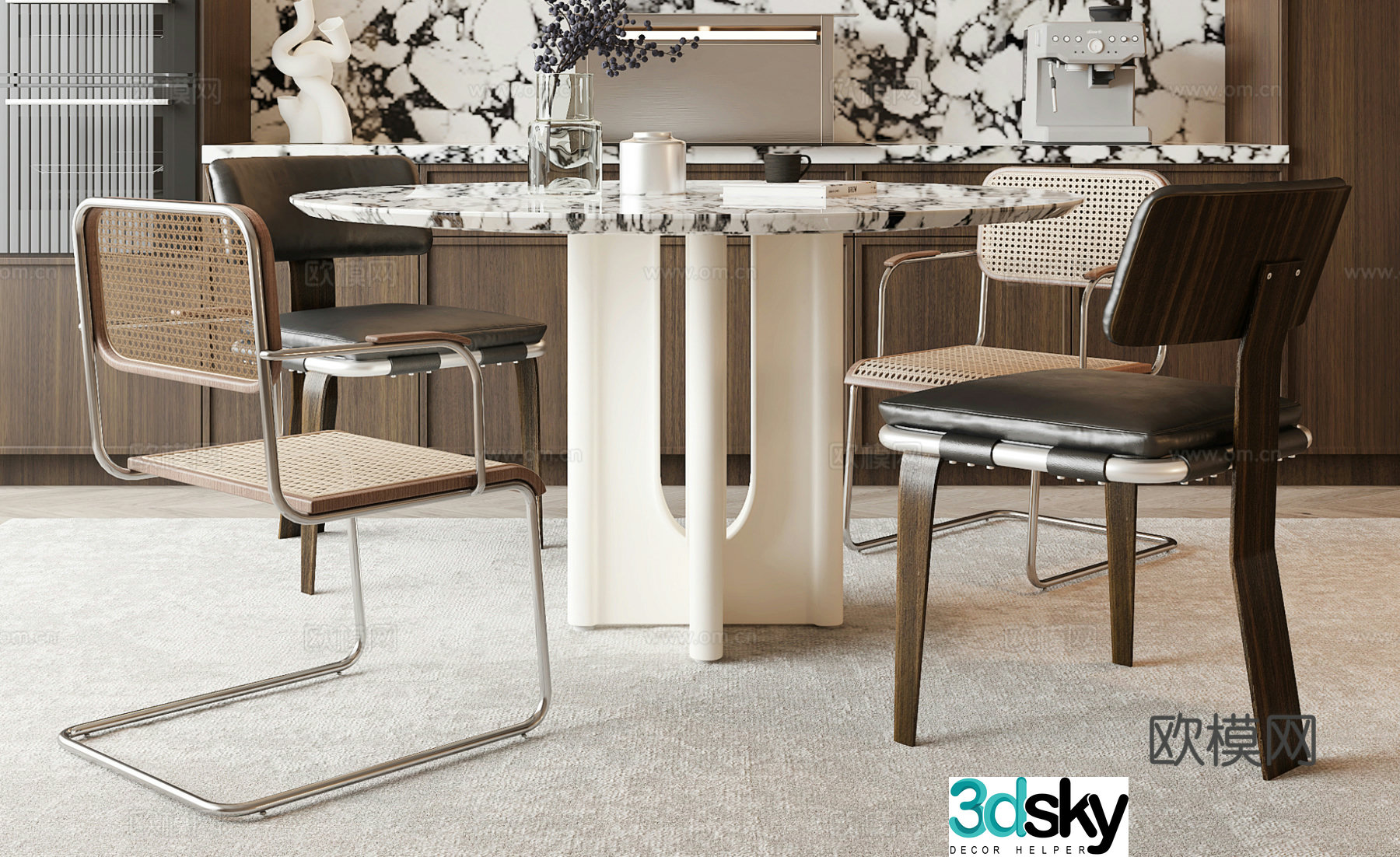 Minimalist dining table and chair combination 3D model