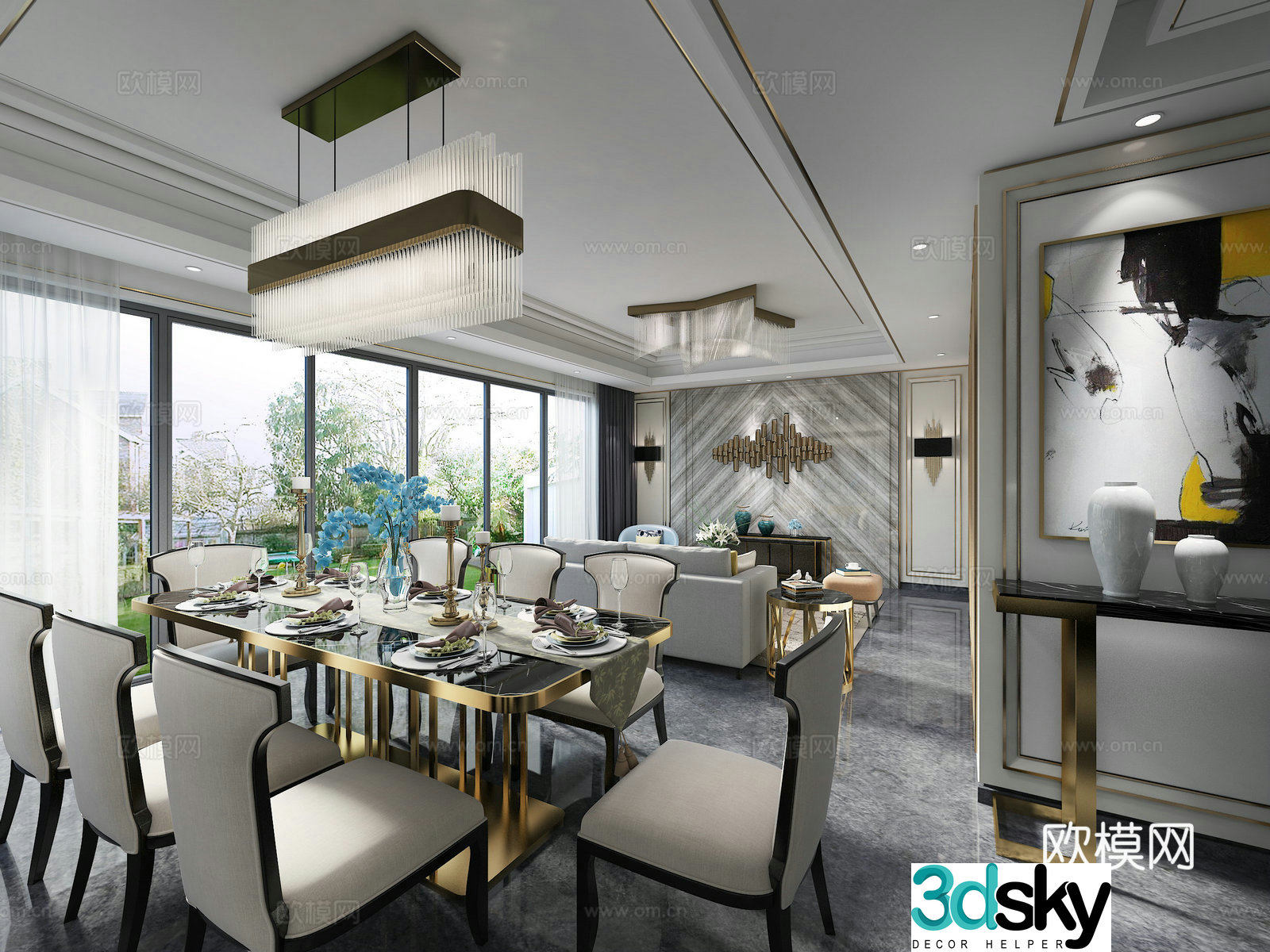 Modern living and dining room sofa coffee table chandeliers TV cabinet hanging painting side cabinet dining table chair 3d model