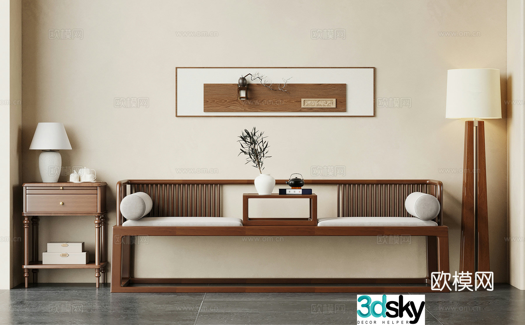 08 Arhat Bed New Chinese Arhat Bed Floor Lamp Decorative Painting 3D Model