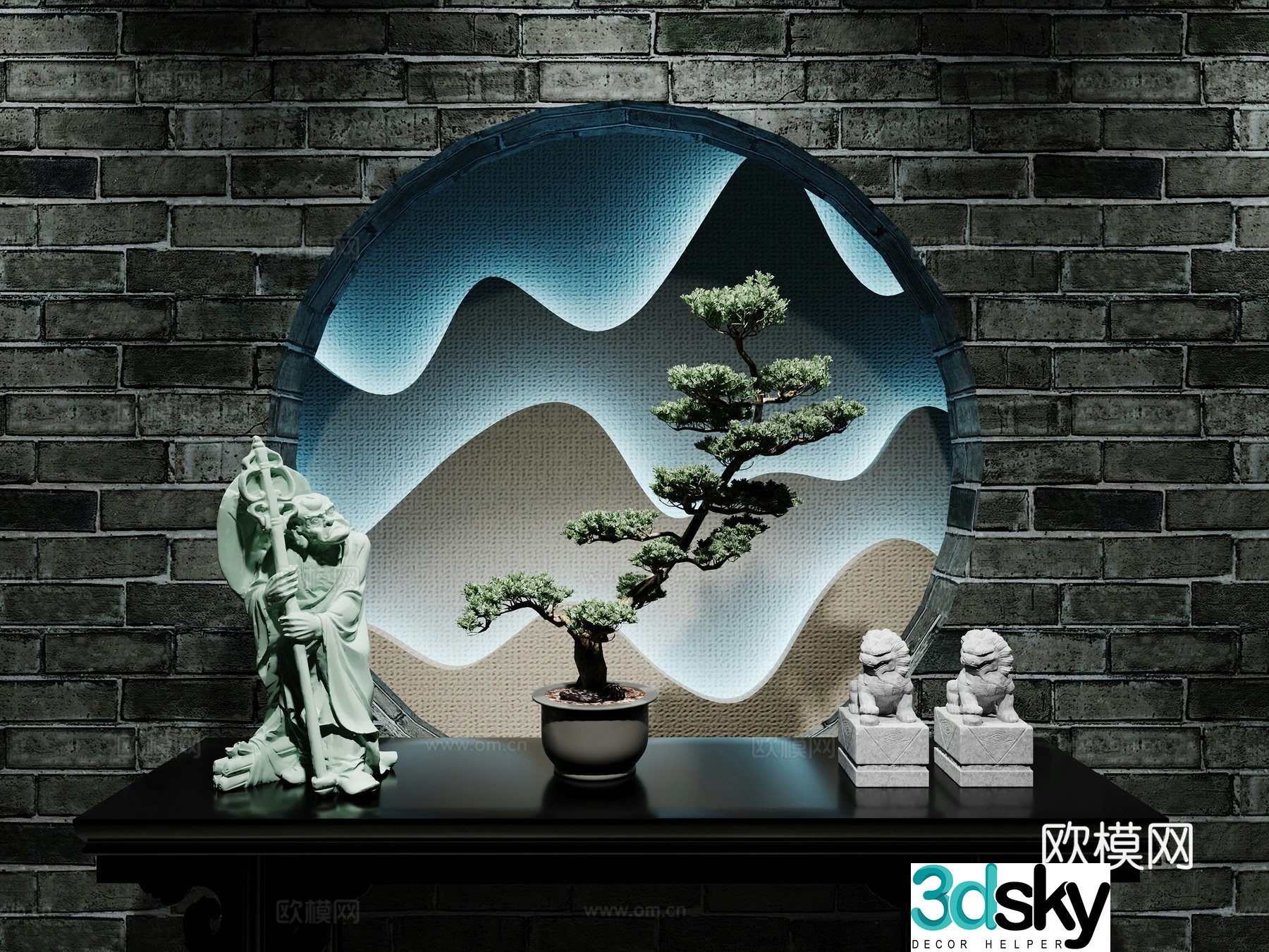 Chinese style end viewing platform sculpture bonsai combination Chinese style porch cabinet circular wall ornament ornament Arhat plant stone lion 3D model