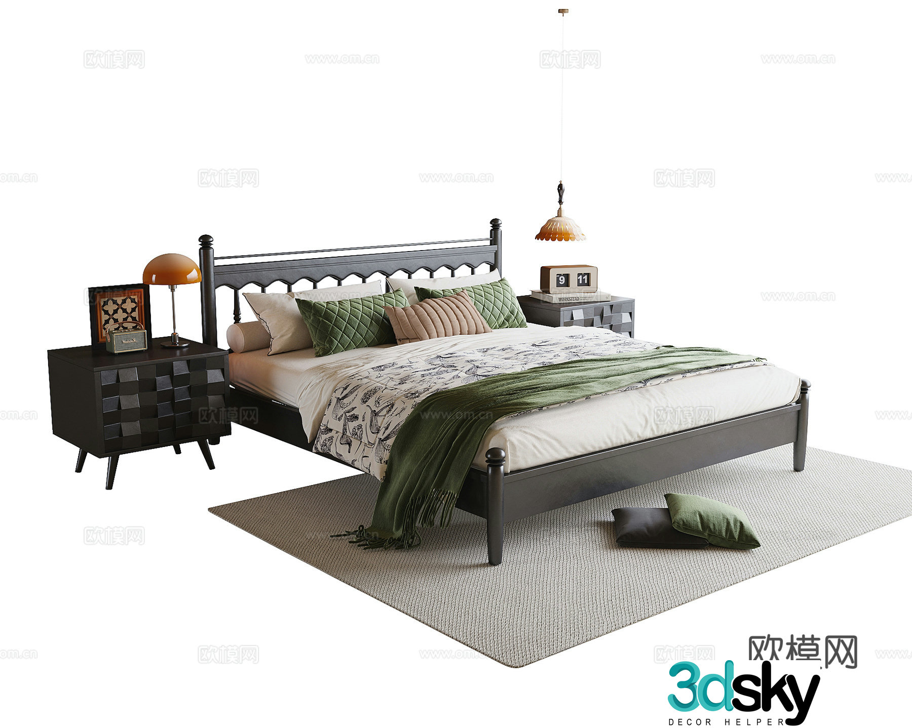 French double bed nightstand desk lamp bedside chandeliers 3D model