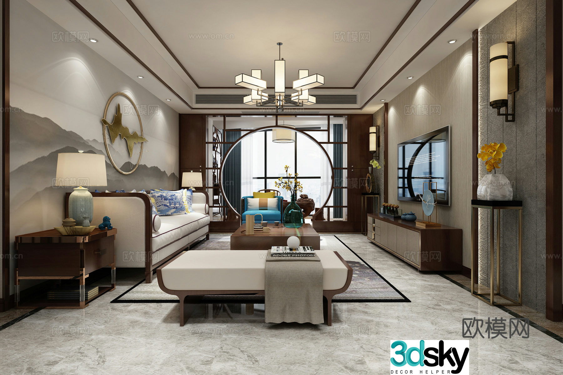 New Chinese style living and dining room sofa coffee table chandeliers TV cabinet painting side cabinet dining table chairs 3D model
