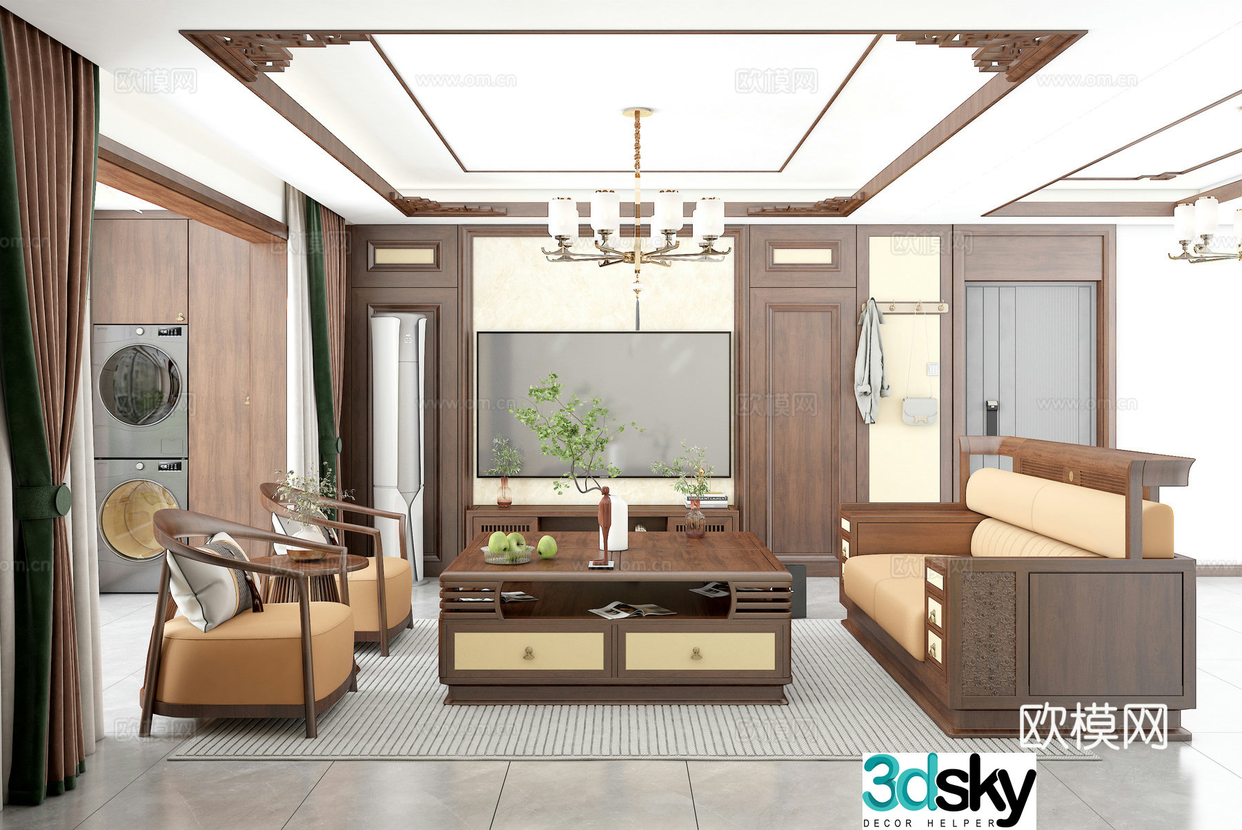New Chinese living room TV cabinet background wall sofa coffee table combination ring chair 3D model