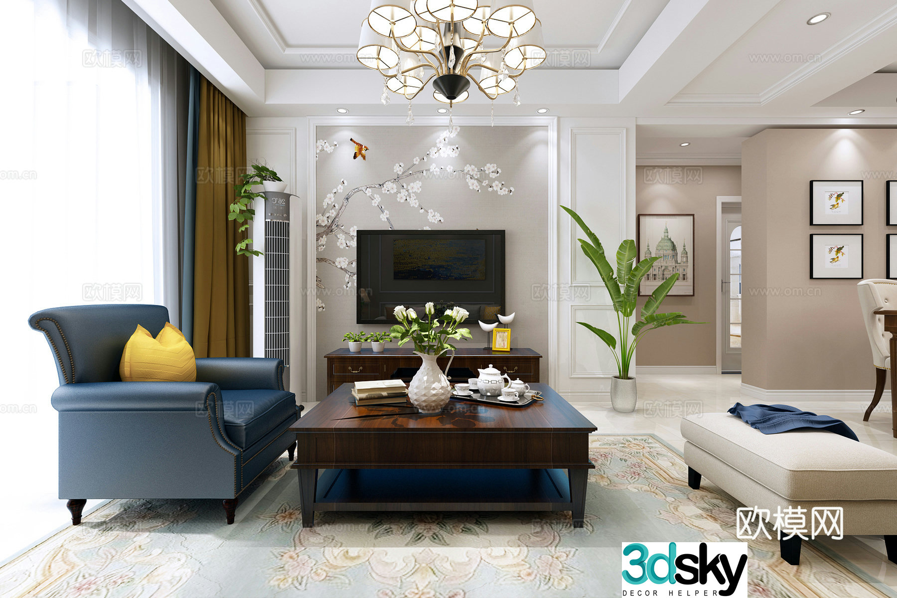 American simple living and dining room TV background wall living room dining room 3d model