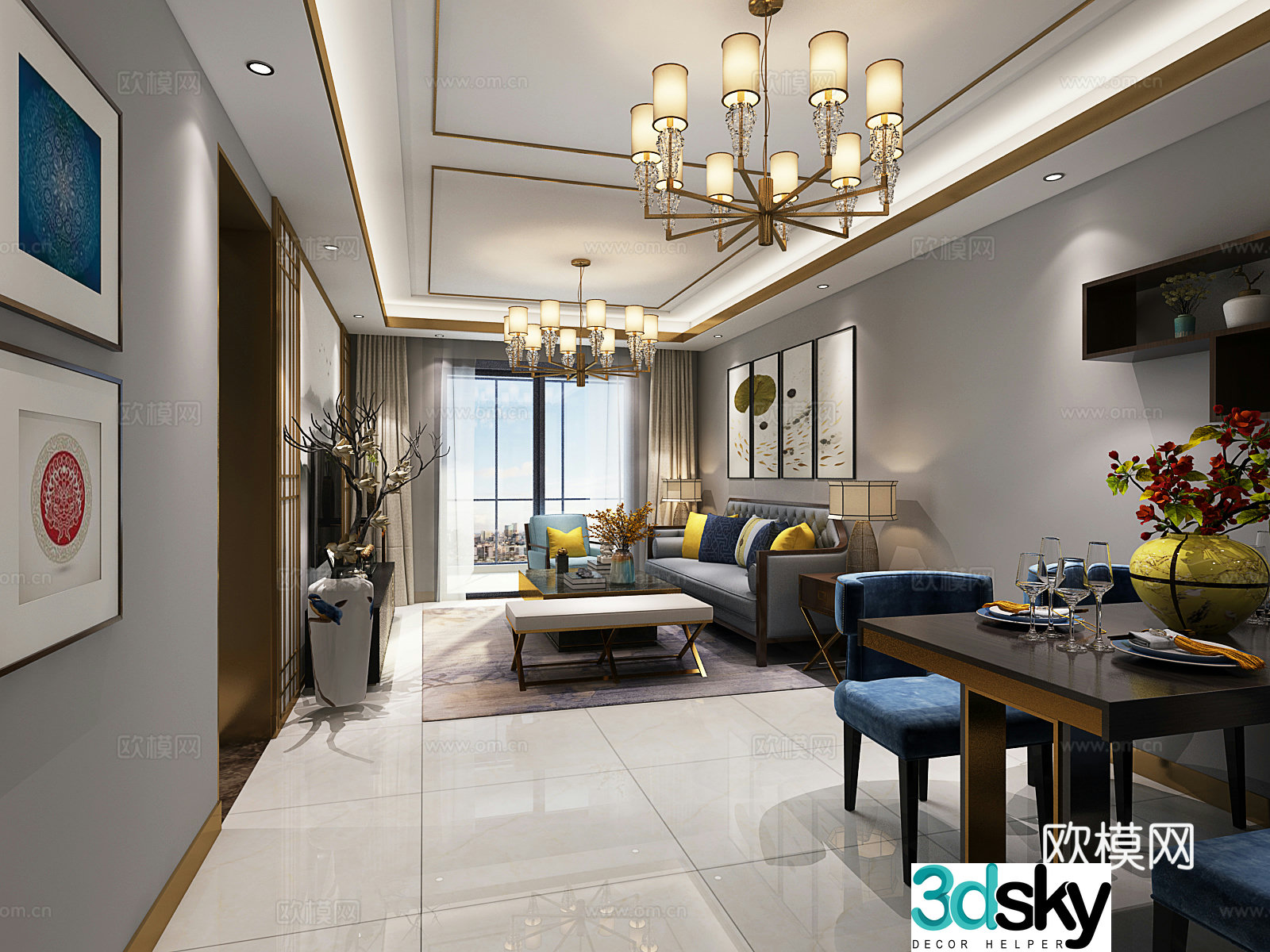 New Chinese style living and dining room New Chinese style dining table Sofa TV cabinet Chandelier 3D model