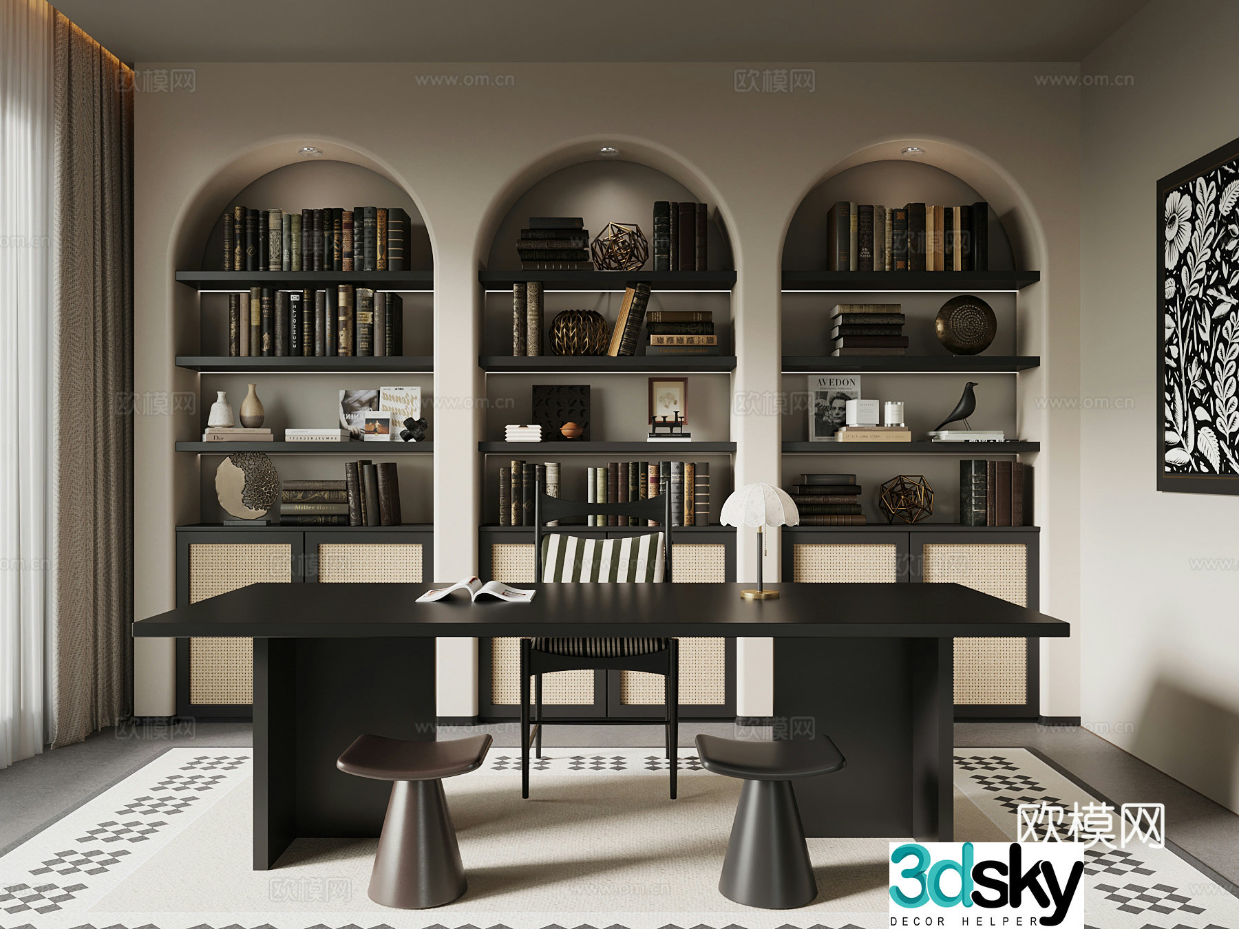 03 study French study desk chair bookcase 3d model