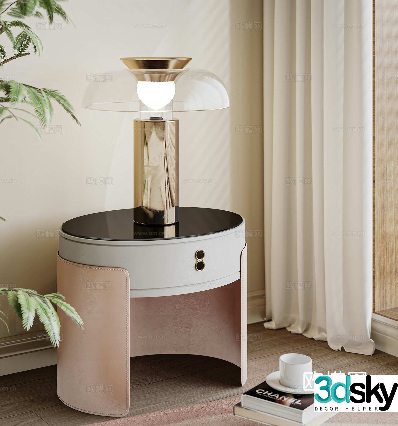 Modern bedside table round cabinet bedside lamp table lamp 3d model
