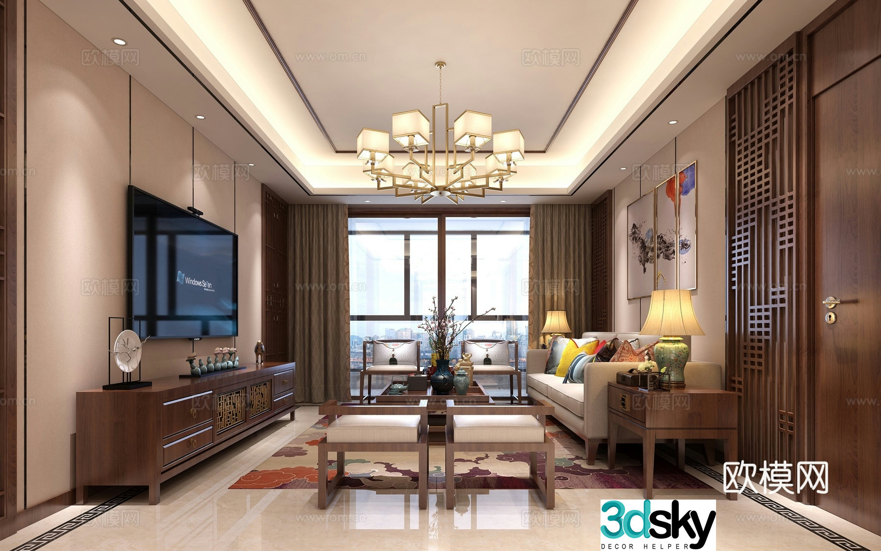 New Chinese style living and dining room double bed nightstand chandeliers paintings TV cabinet 3D model