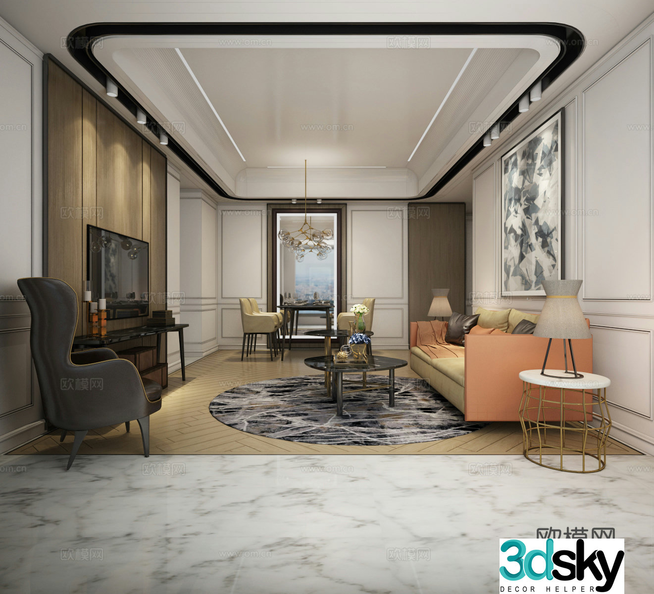 European-style simple living restaurant sofa coffee table TV cabinet chandelier dining table chair 3d model