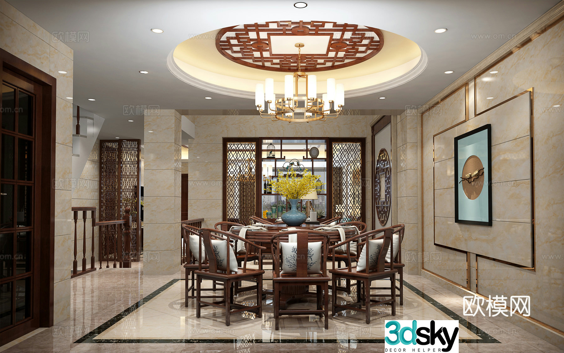 Traditional Chinese style living and dining room chandeliers wine cabinet stairs wall lamp 3D model download 3D model