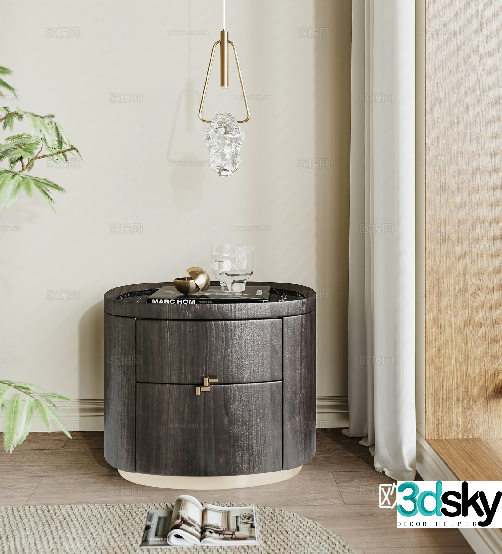 New Chinese style bedside table round cabinet chandeliers 3D model