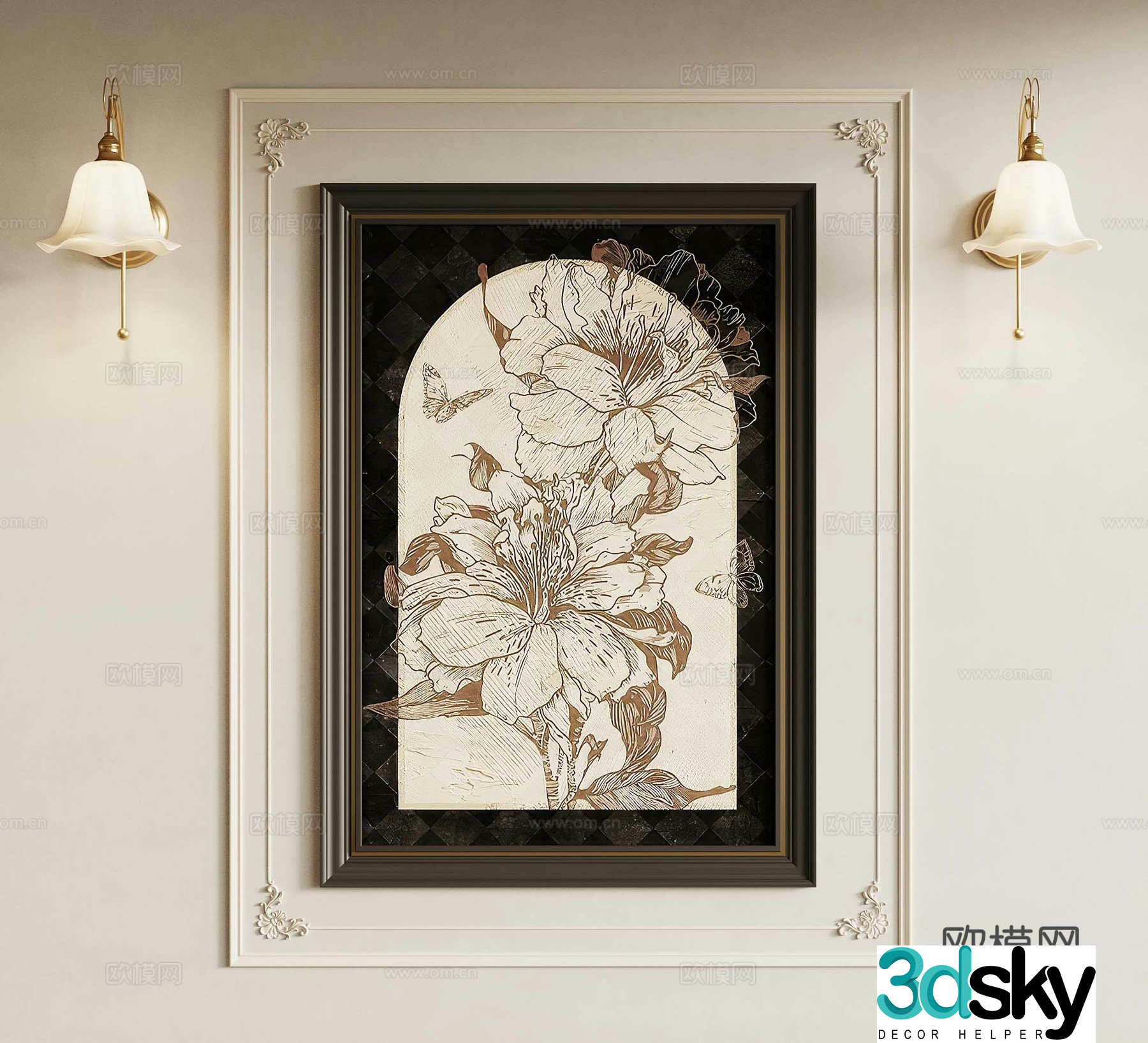 08 French retro medieval style decorative painting French wall lamp 3D model