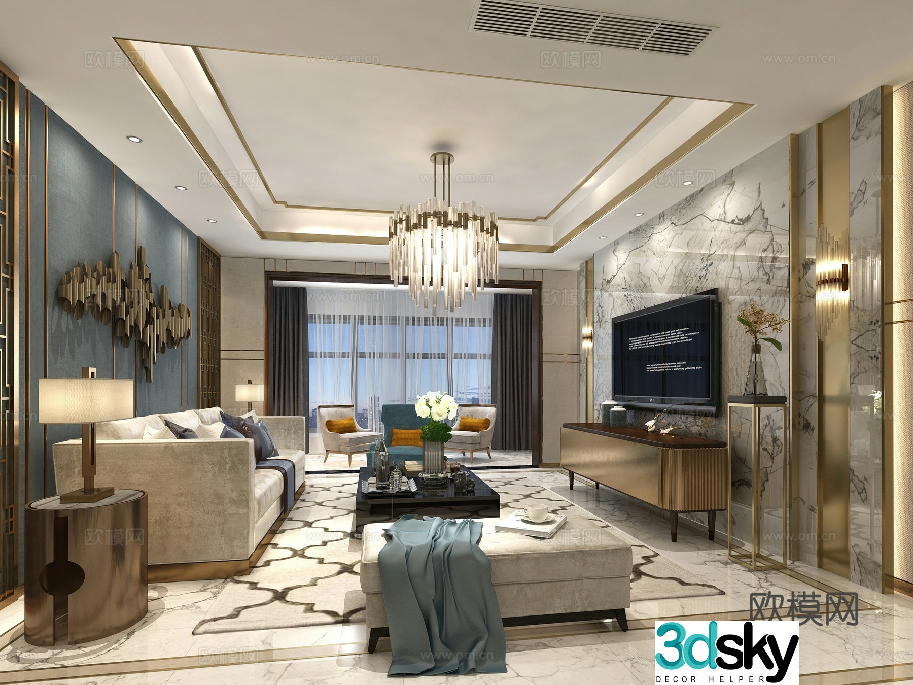 Postmodern living and dining hall entrance chandeliers desk lamps multi-person sofas coffee table decorative cabinet 3D model