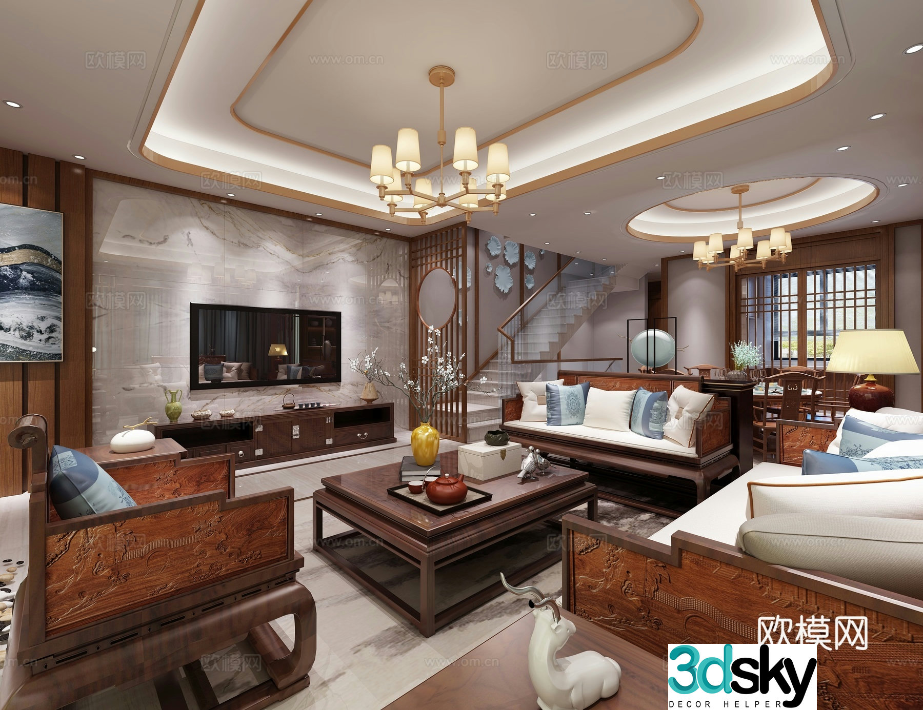 Chinese living and dining room chandeliers TV cabinet wine cabinet 3d model