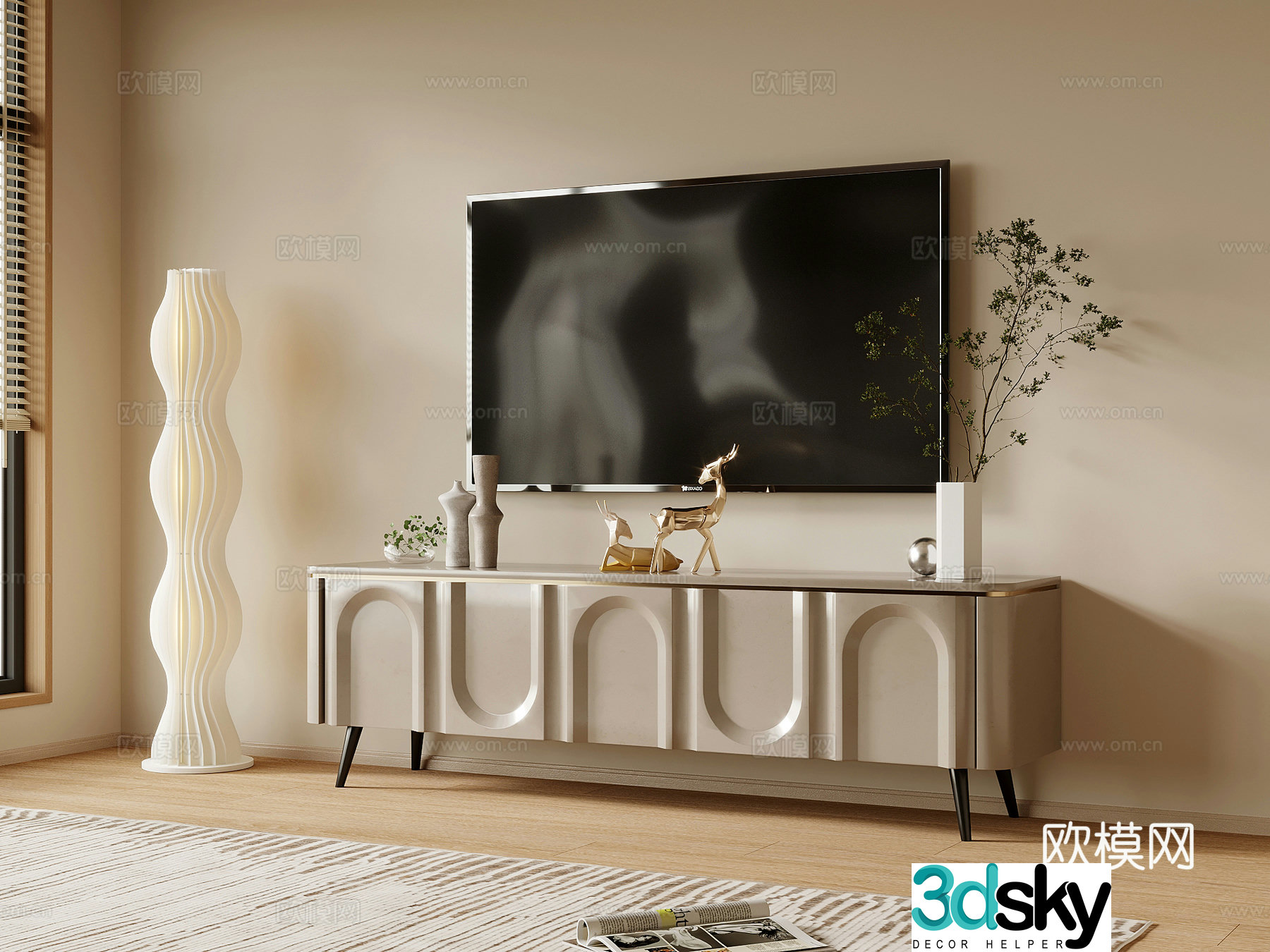 16 TV cabinet modern creamy TV cabinet floor lamp decorative ornament 3D model