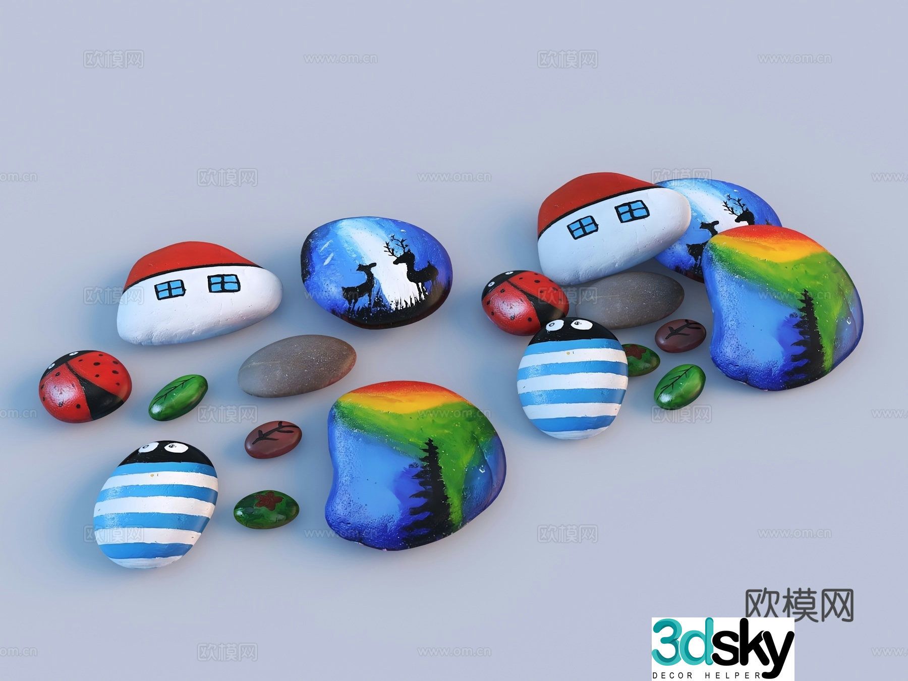 Modern painted pebbles Pebble Painted stones Stream stone painting 3d model