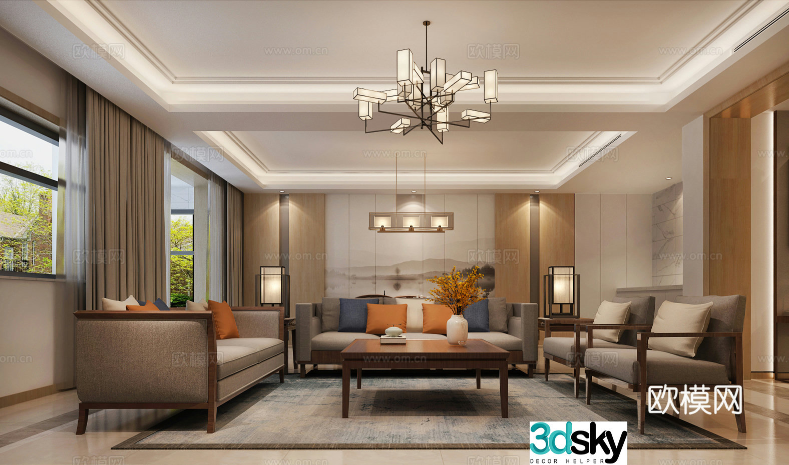 New Chinese style living and dining room kitchen water bar tea table leisure area sofa coffee table hanging 3D model