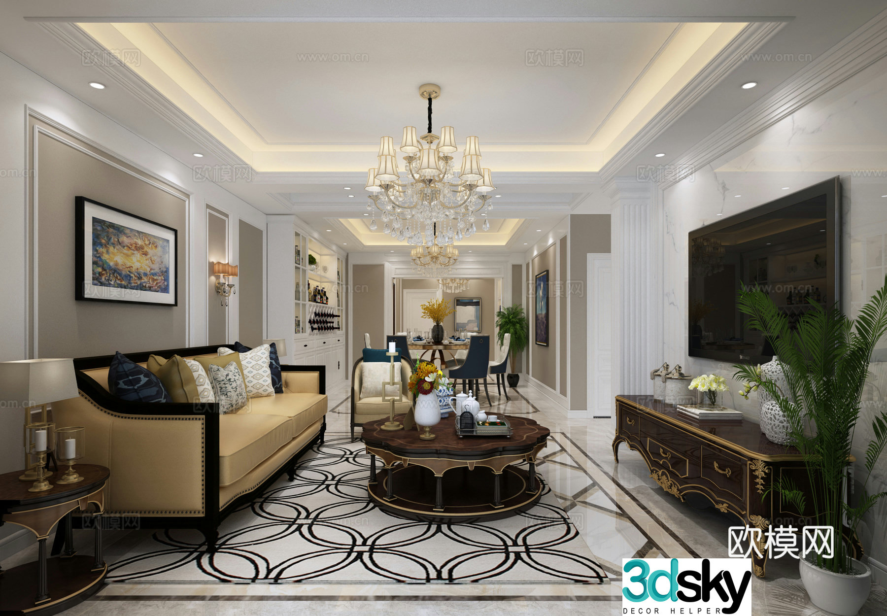 European-style simple living restaurant sofa coffee table chandeliers TV cabinet paintings dining tables and chairs 3D model