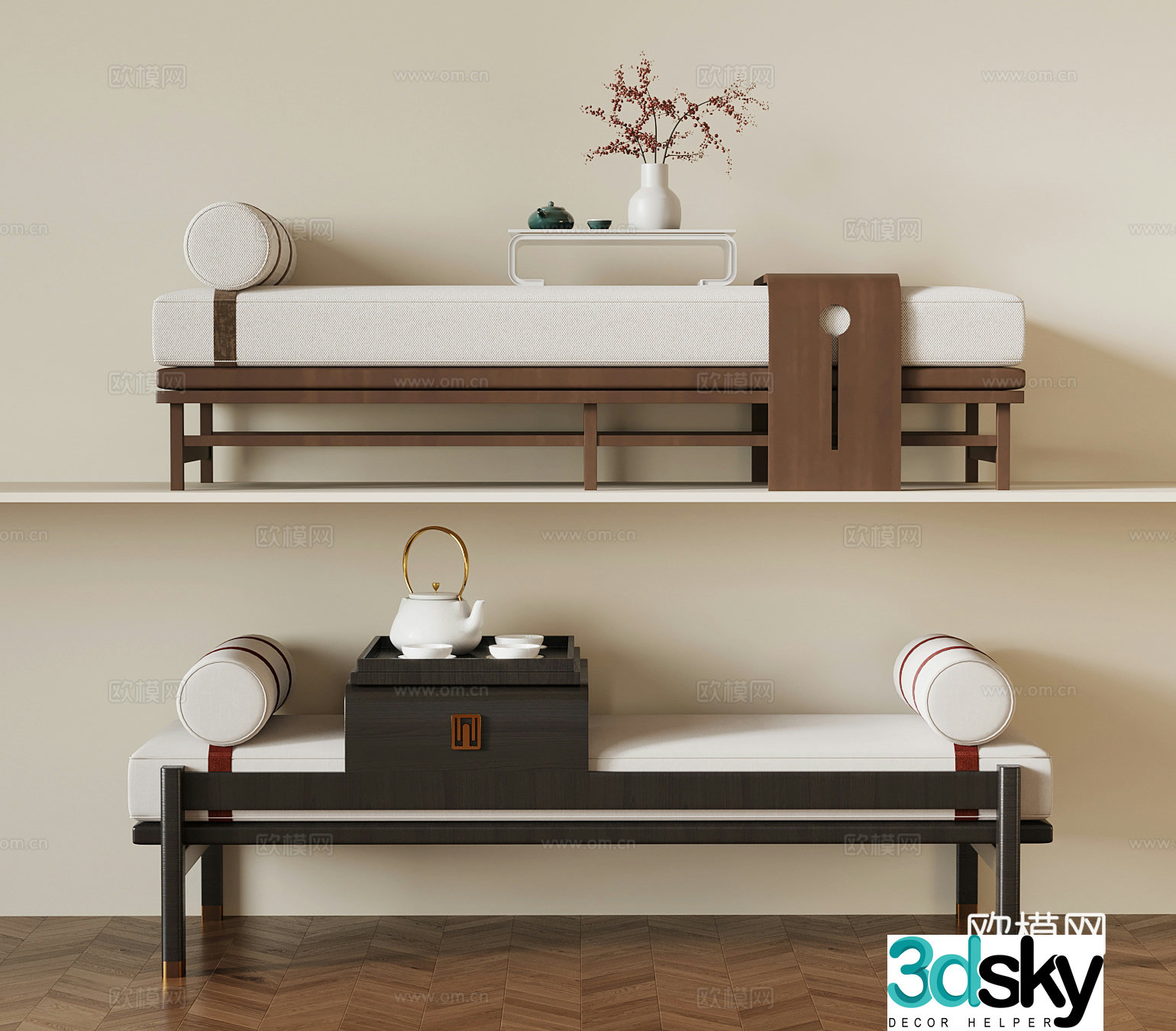 010 bed tail stool medieval style bed tail stool tea set ornaments 3D model