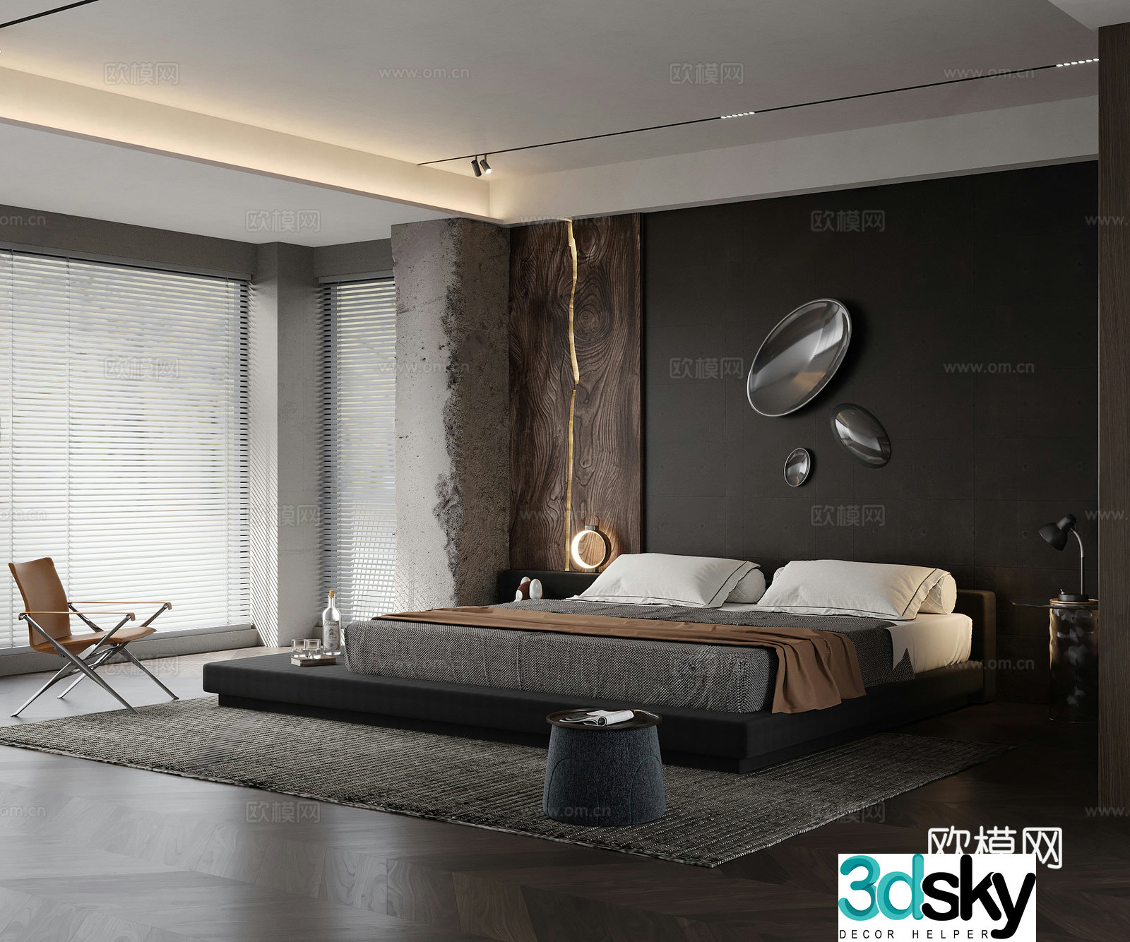 Modern bedroom Dark wind bedroom Master bedroom Floor bed Leisure chair Bed headboard background wall Wall 3d model