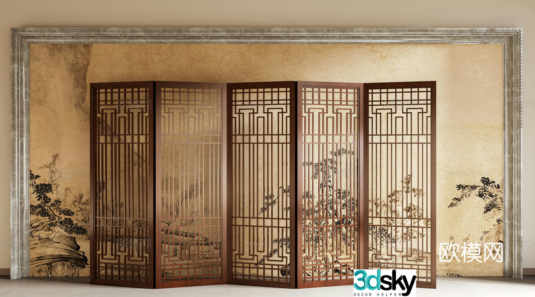 New Chinese style screen partition solid wood grille entrance screen partition screen new Chinese style background wall 3D model