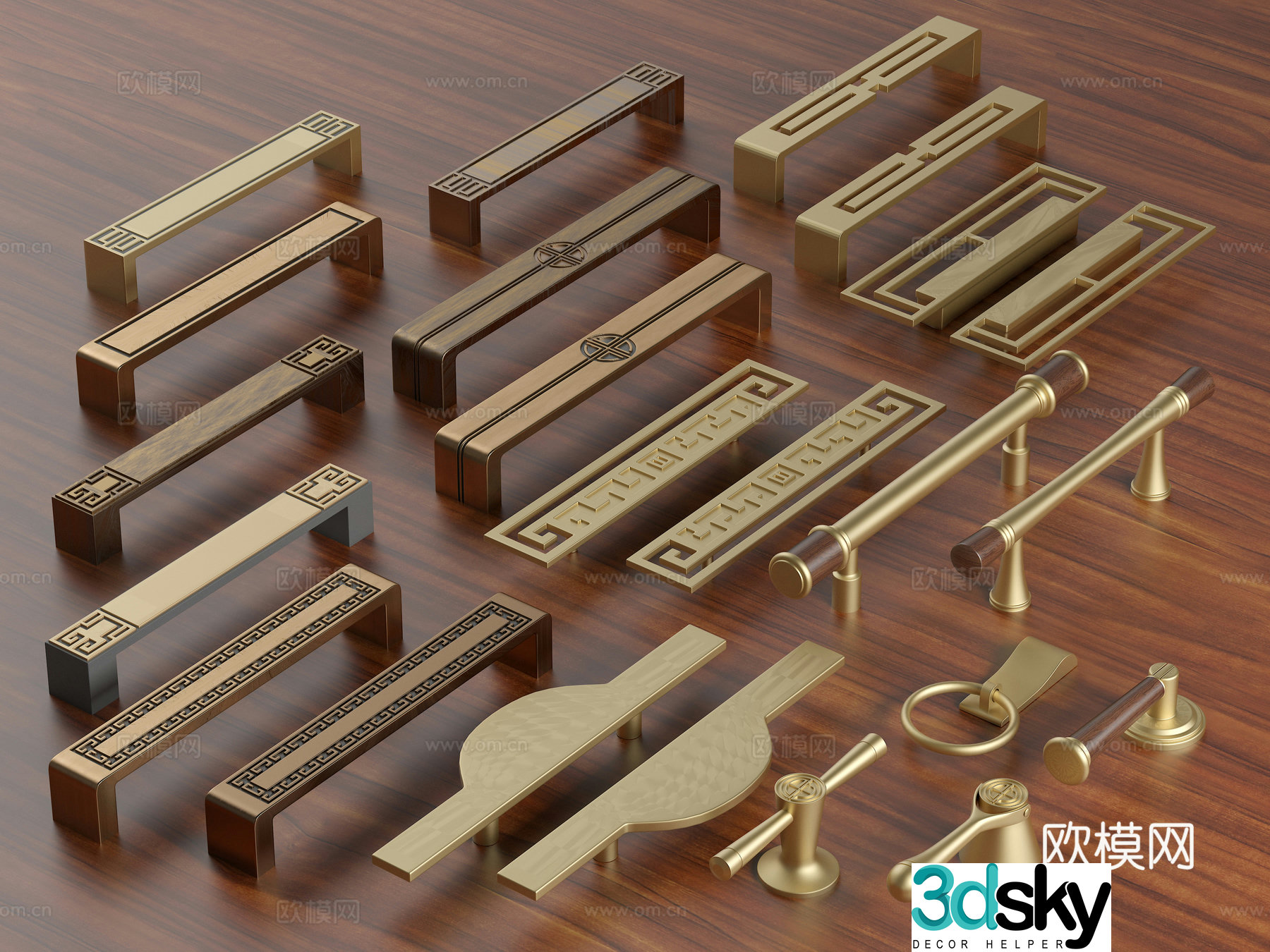 New Chinese style handle classic handle wardrobe door handle cabinet handle yellow bronze handle 3D model