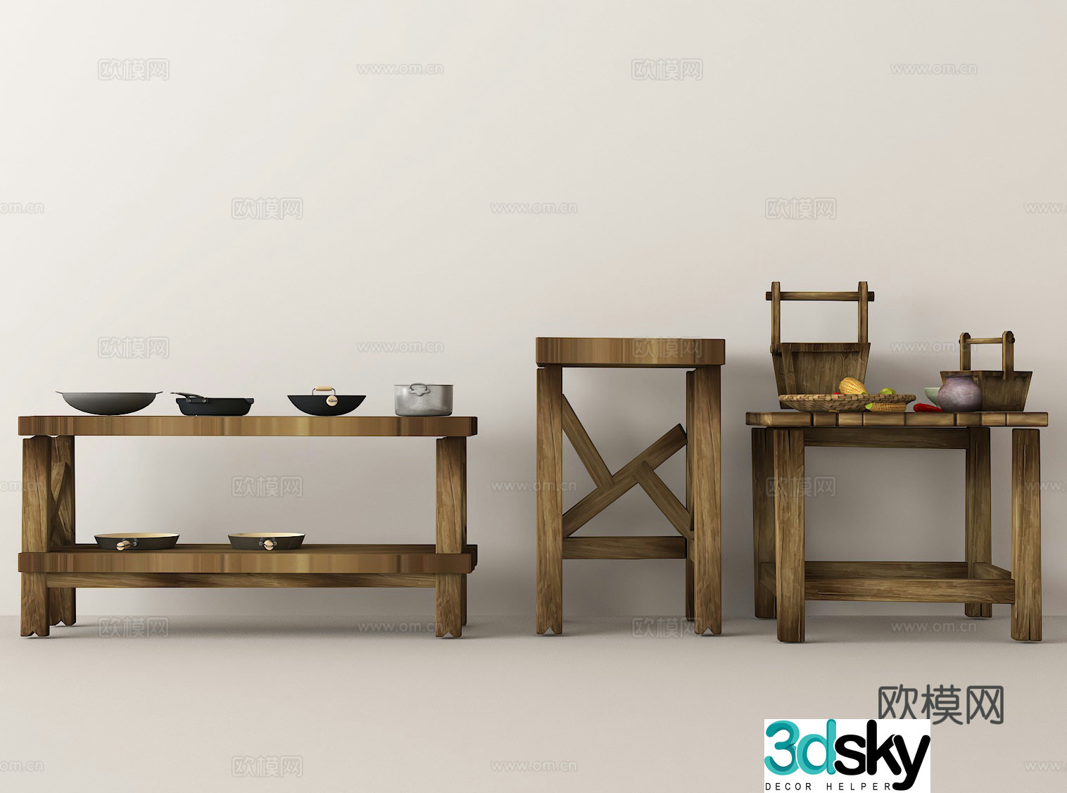 Solid wood shelves Ceramic ware Tableware display Natural style furniture Restaurant layout 3D model