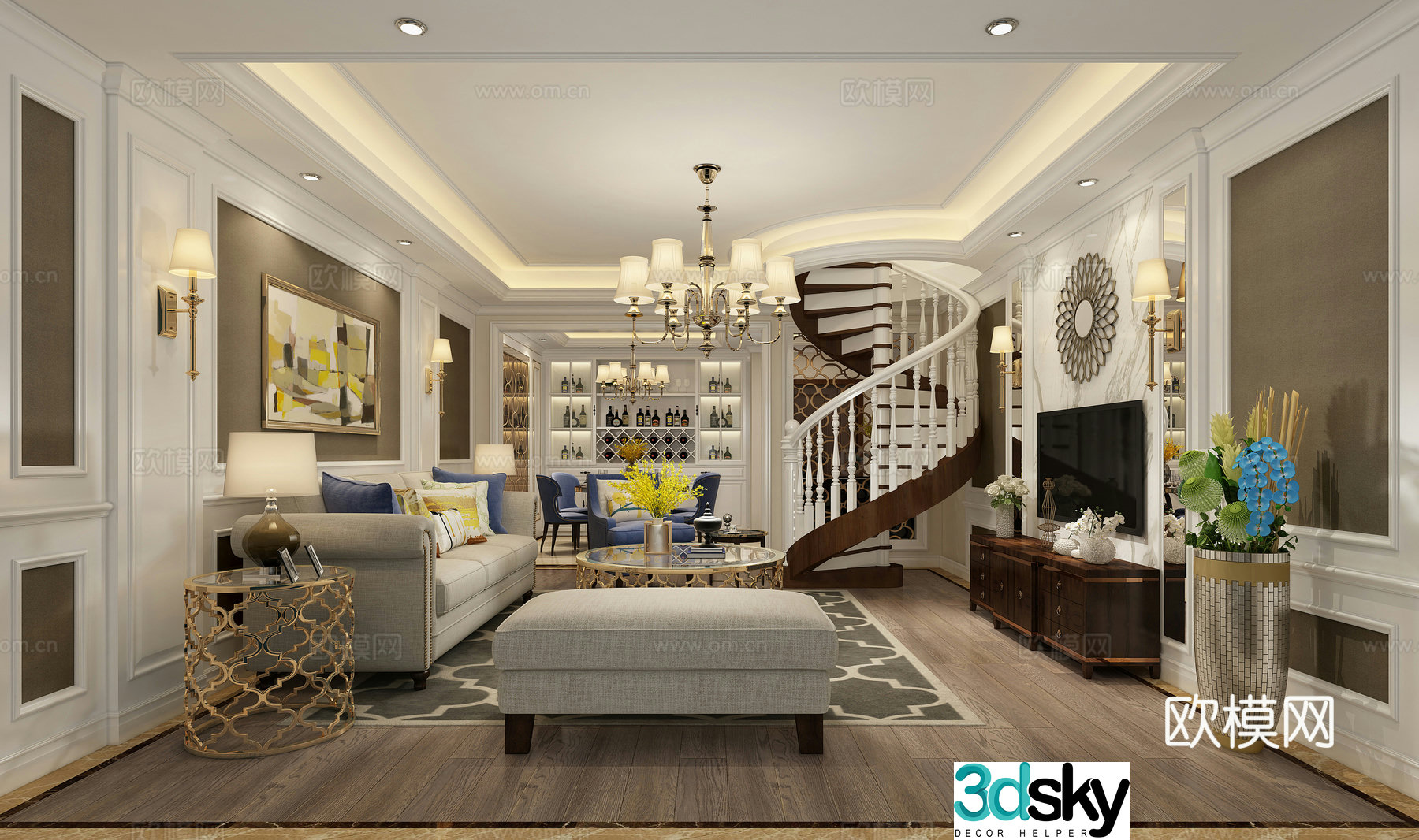 European style living and dining room sofa chandeliers TV cabinet coffee table 3D model