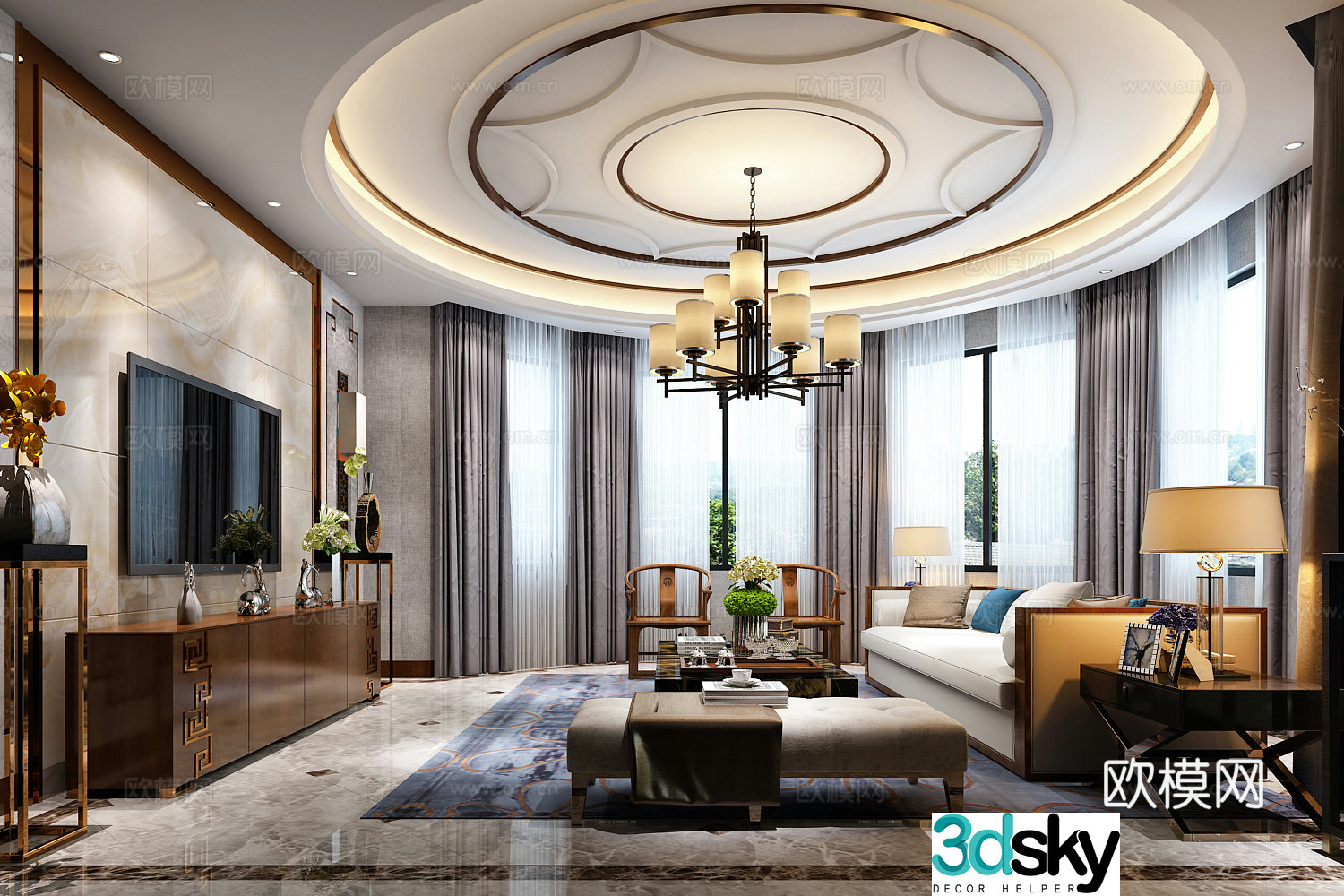 New Chinese style mixed living room 3D model