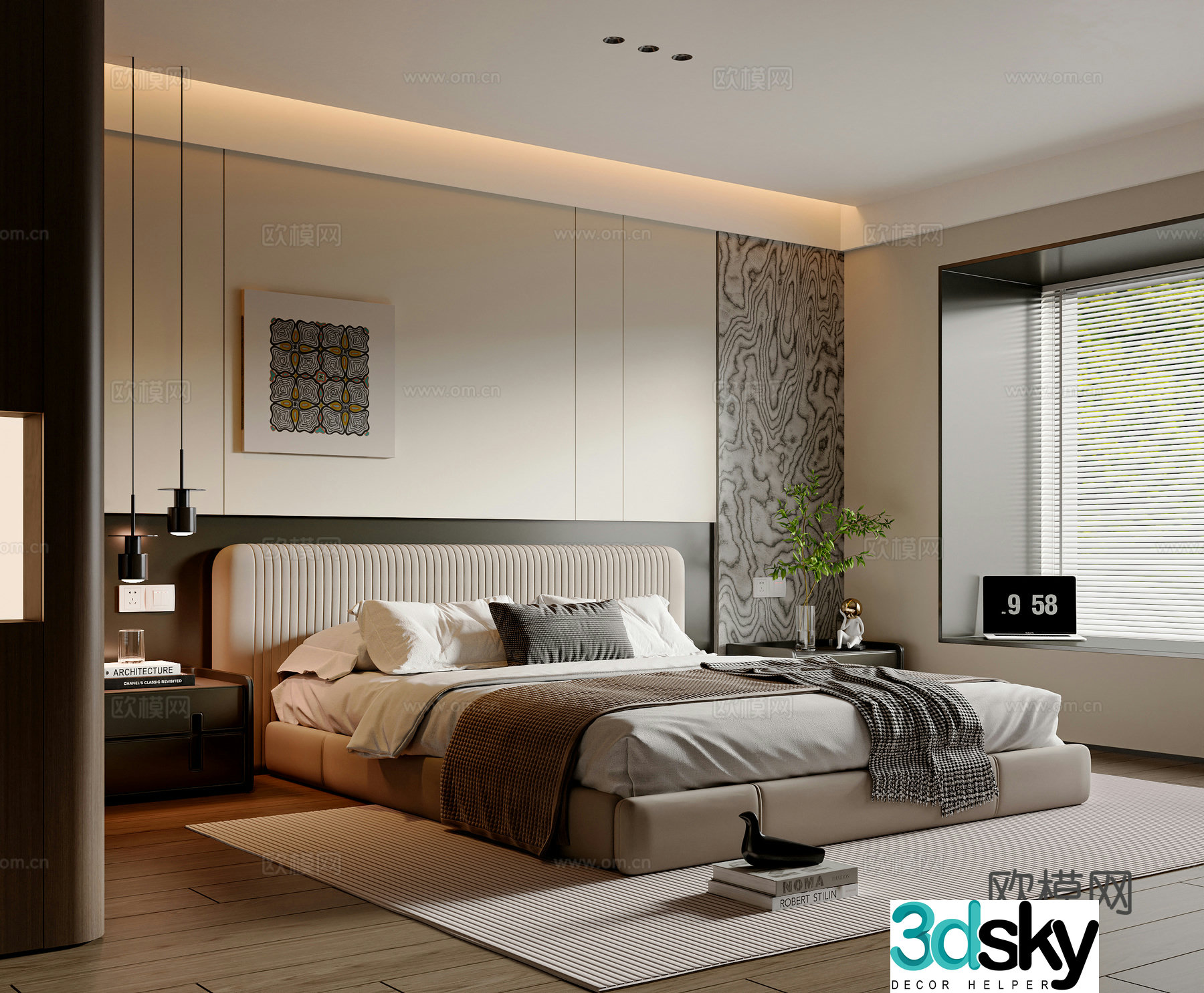 Modern simple bedroom double bed wardrobe desk lamp chandeliers master bedroom ornaments bedside table 3D model