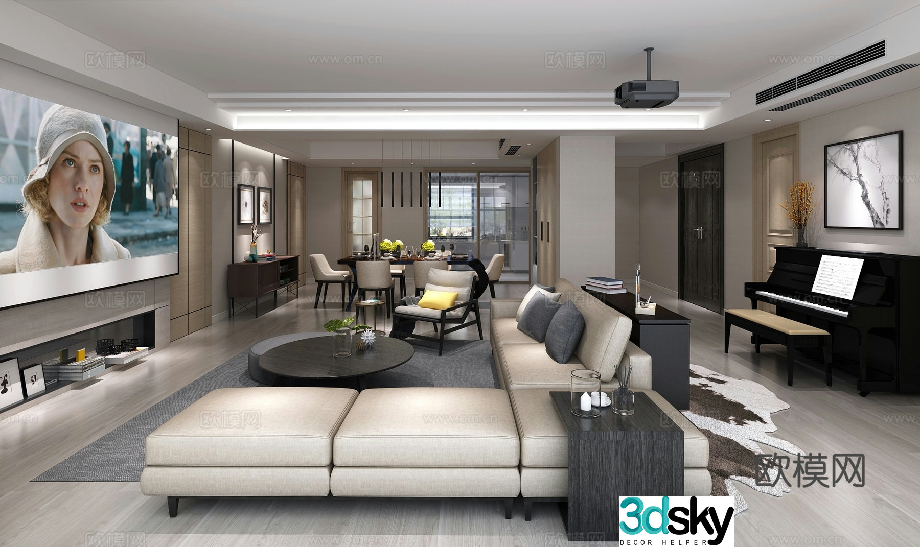 Modern Hong Kong style living and dining room sofa coffee table chandeliers TV cabinet side cabinet dining table chair 3d model