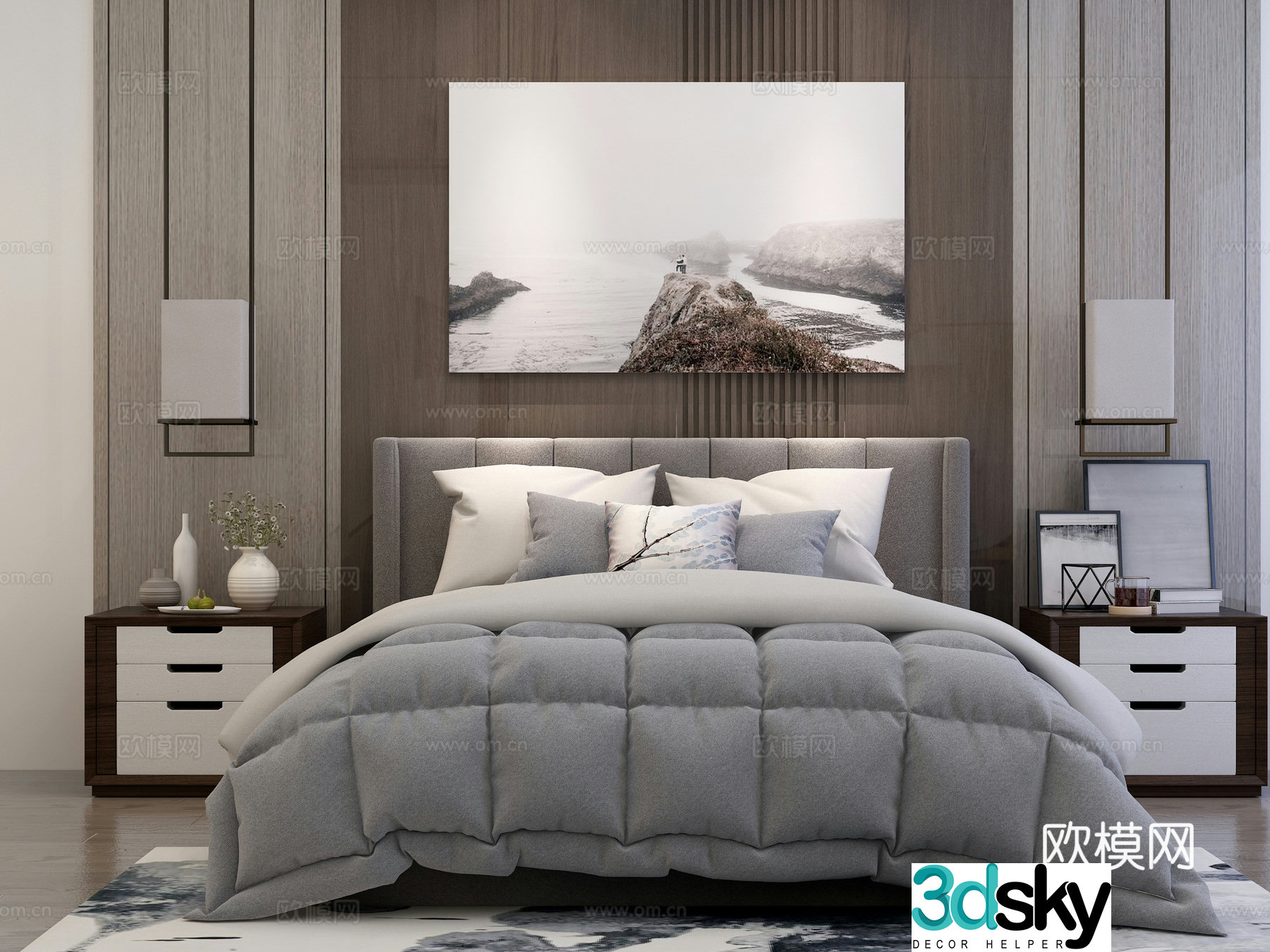 Modern double bed wall decoration bedside table chandeliers decorative paintings decorations chest of drawers 3d model