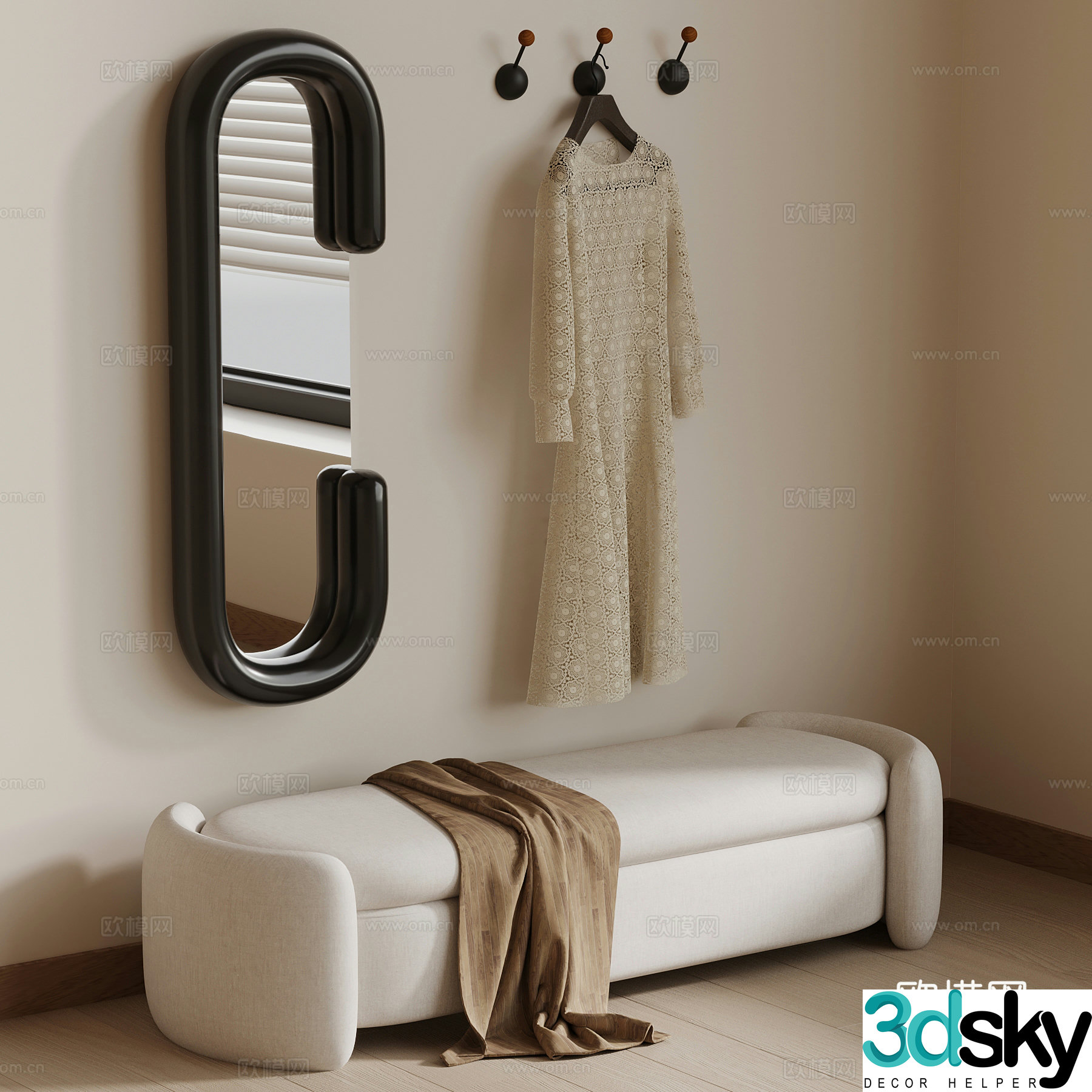 26 French cream style shoe changing stool dressing mirror clothes hook 3D model