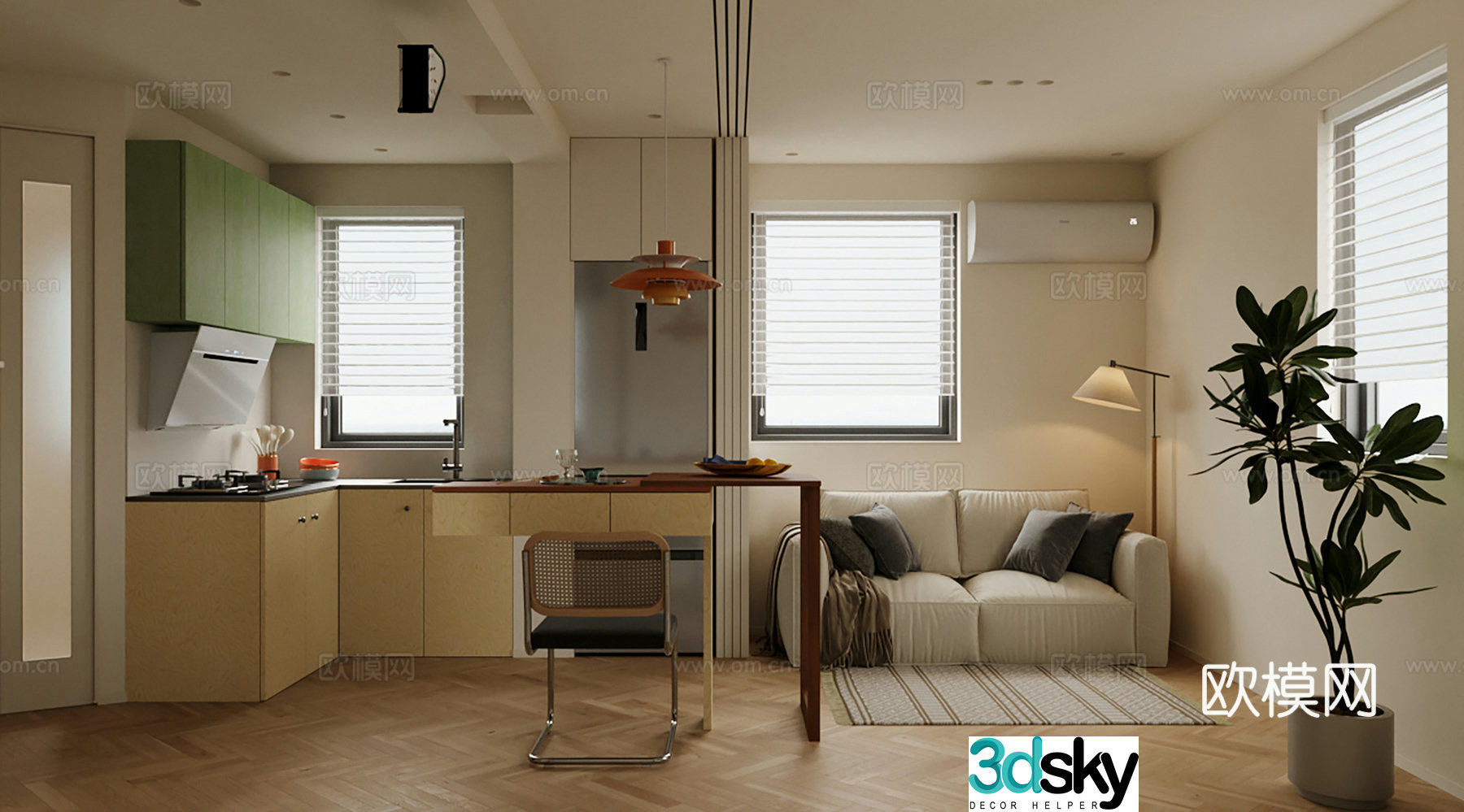Creamy Apartment Sofa Coffee Table Dining Table Chair Kitchen 3D Model